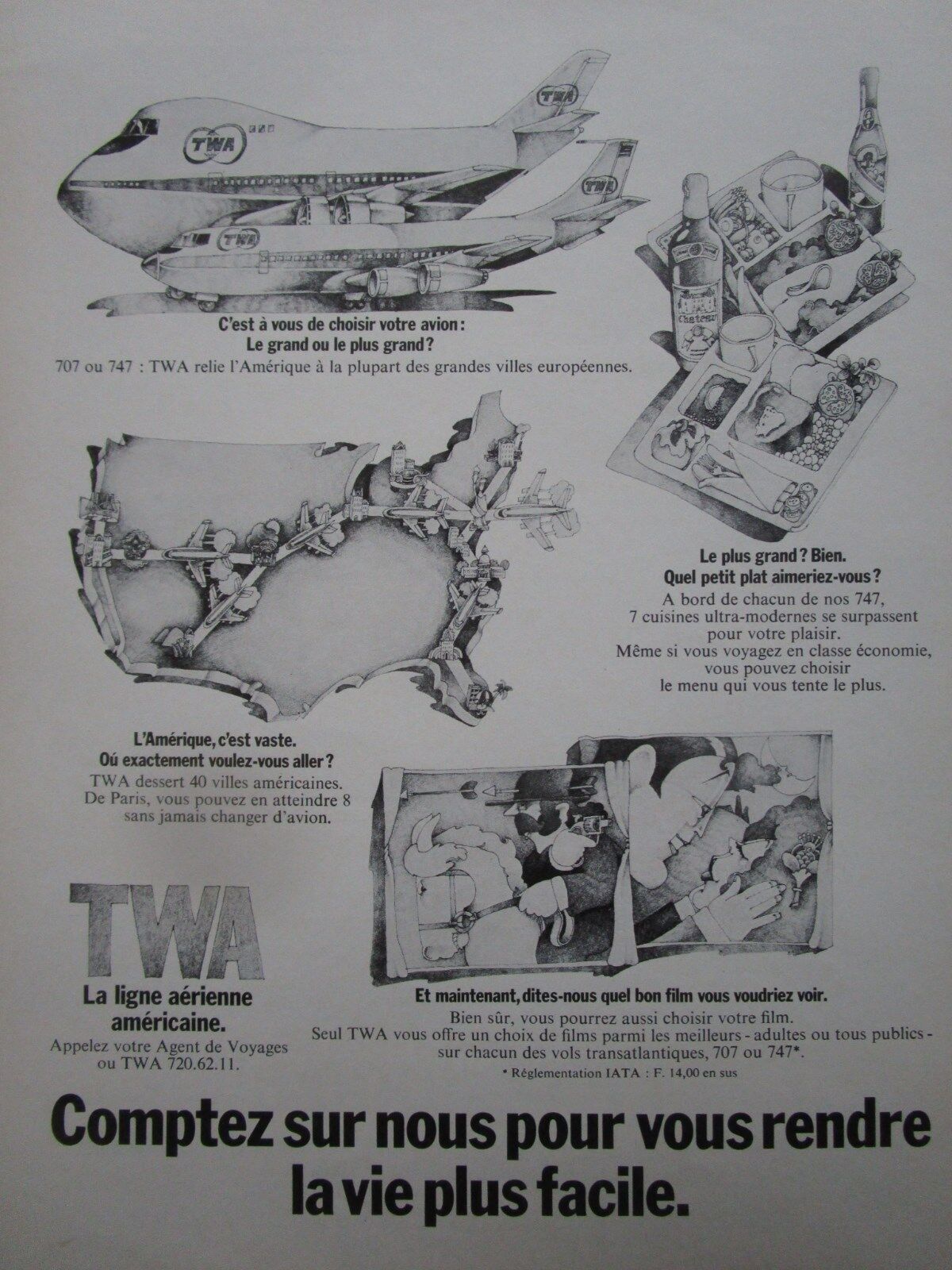9/1970 PUB AIRLINE TWA AIRLINE USA BOING 707 747 ORIGINAL FRENCH AD