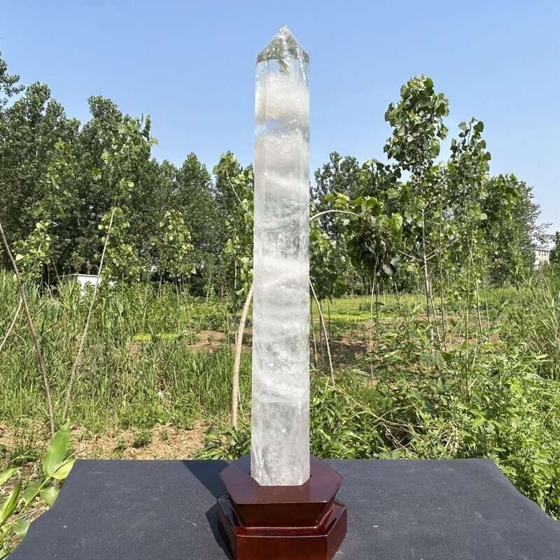 9.68LB TOP Natural clear quartz obelisk carved crystal wand point healing+stand