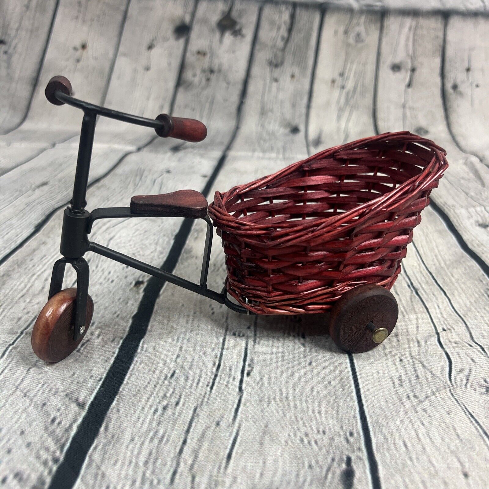 Vintage Wooden, Wicker & Iron Miniature Rickshaw Tricycle W/ Rear Basket 7”