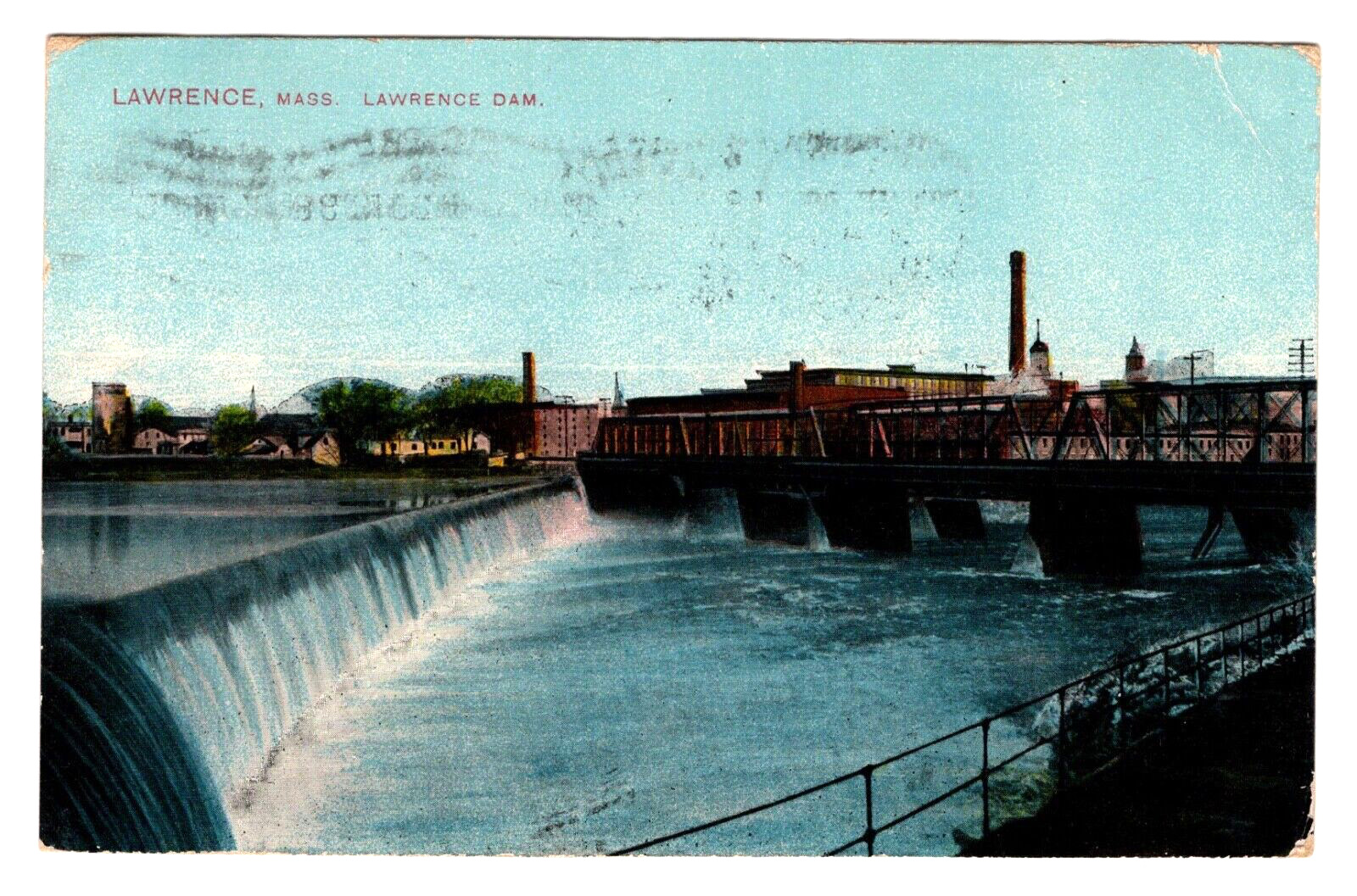 Postcard MA,Lawrence Dam,Great Stone Dam Built 1840s of Granite Blocks,Post 1907