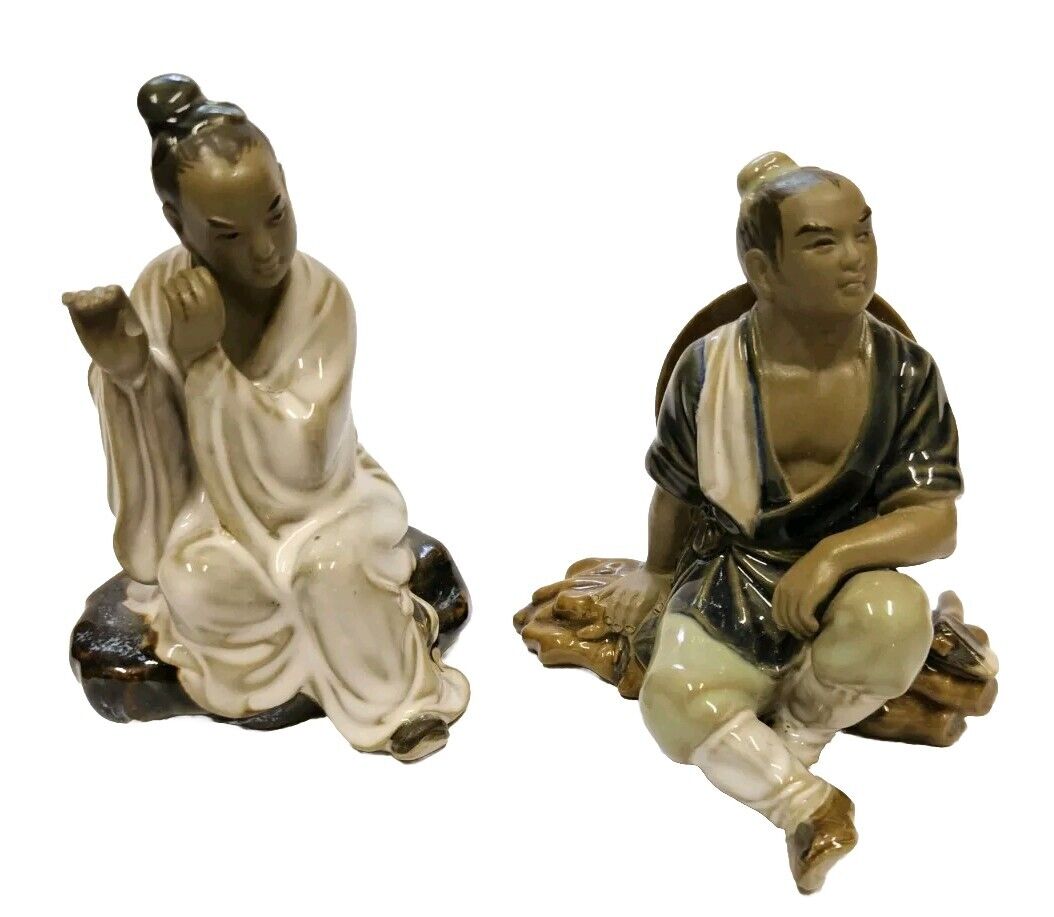 Chinese Ceramic Mudman And instrument Figurines Vintage