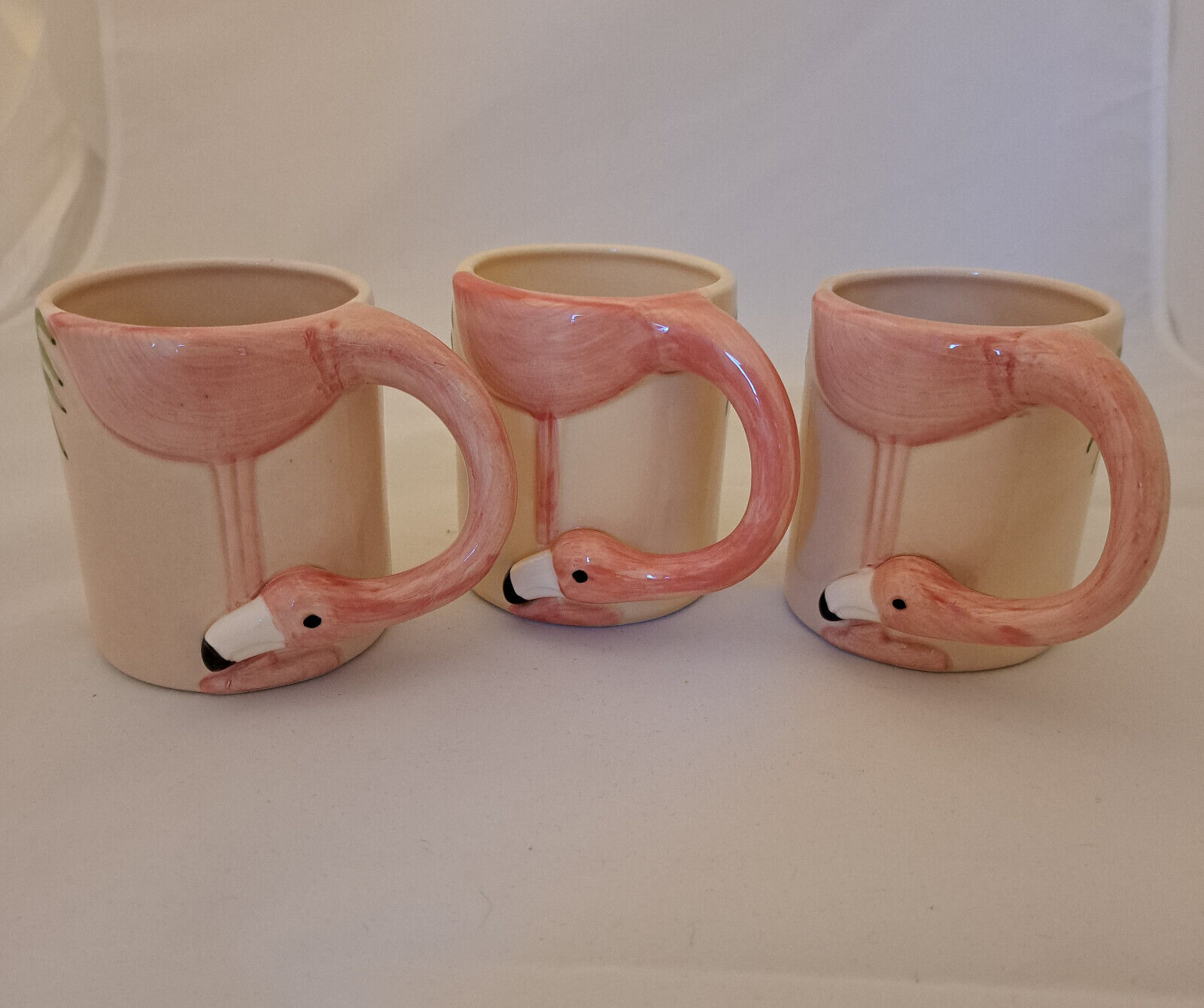 Three Vintage 1982 Vandor Pink Flamingo & Palm Tree Coffee /Tea Mugs