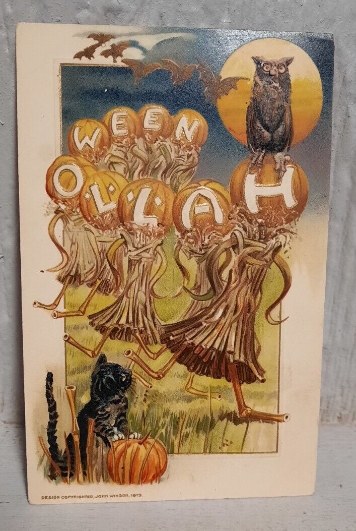 Vtg 1913 Halloween Postcard John Winsch Black Cat Owl Bats Corn Shocks Pumpkins