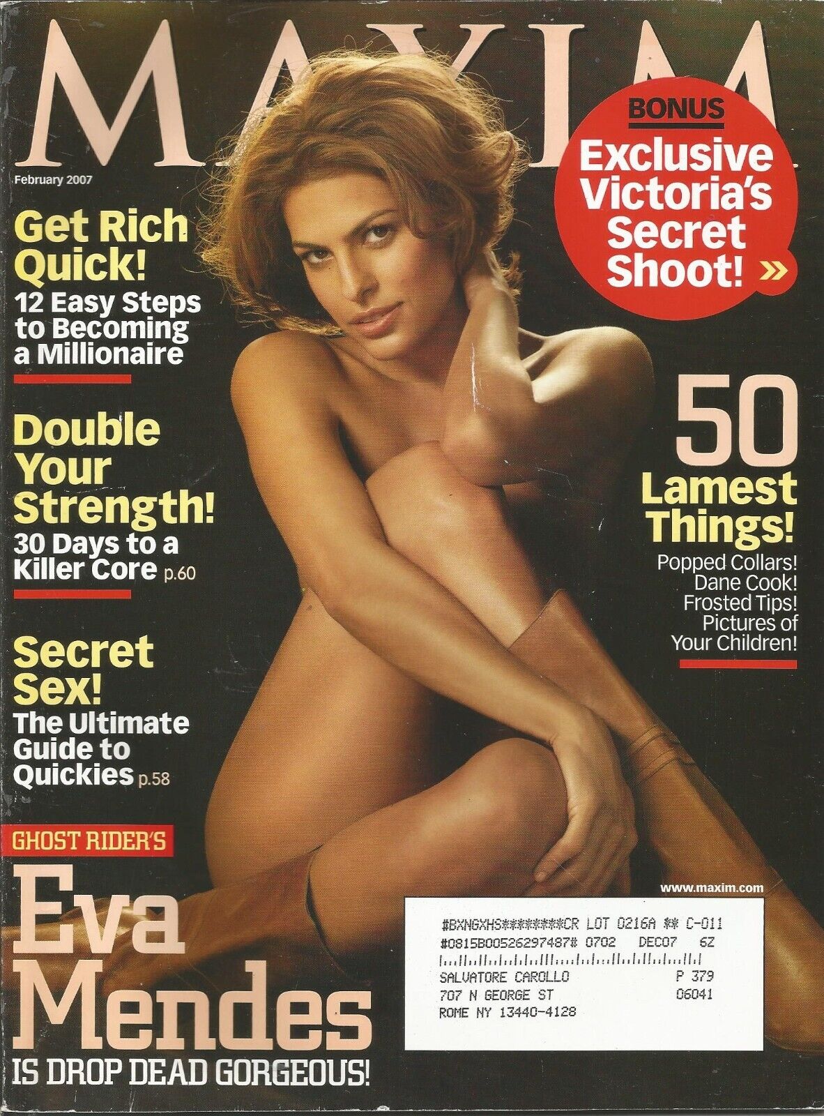 FEBRUARY 2007 MAXIM MAGAZINE EVA MENDES GET RICH QUICK STRENGTH SECRET SEX
