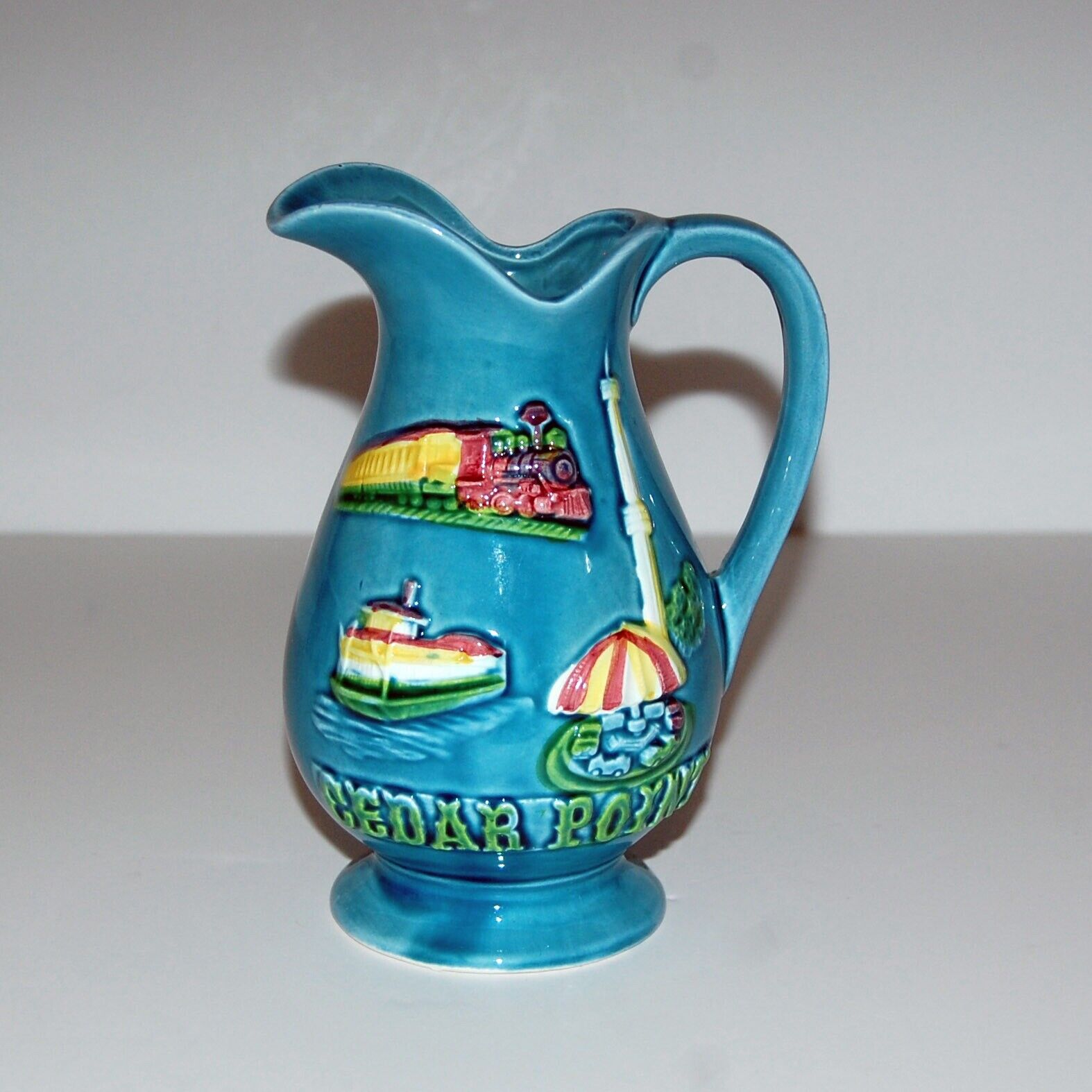 Vintage Cedar Point Colorful Aqua Ceramic Pottery Pitcher 1970's Souvenir