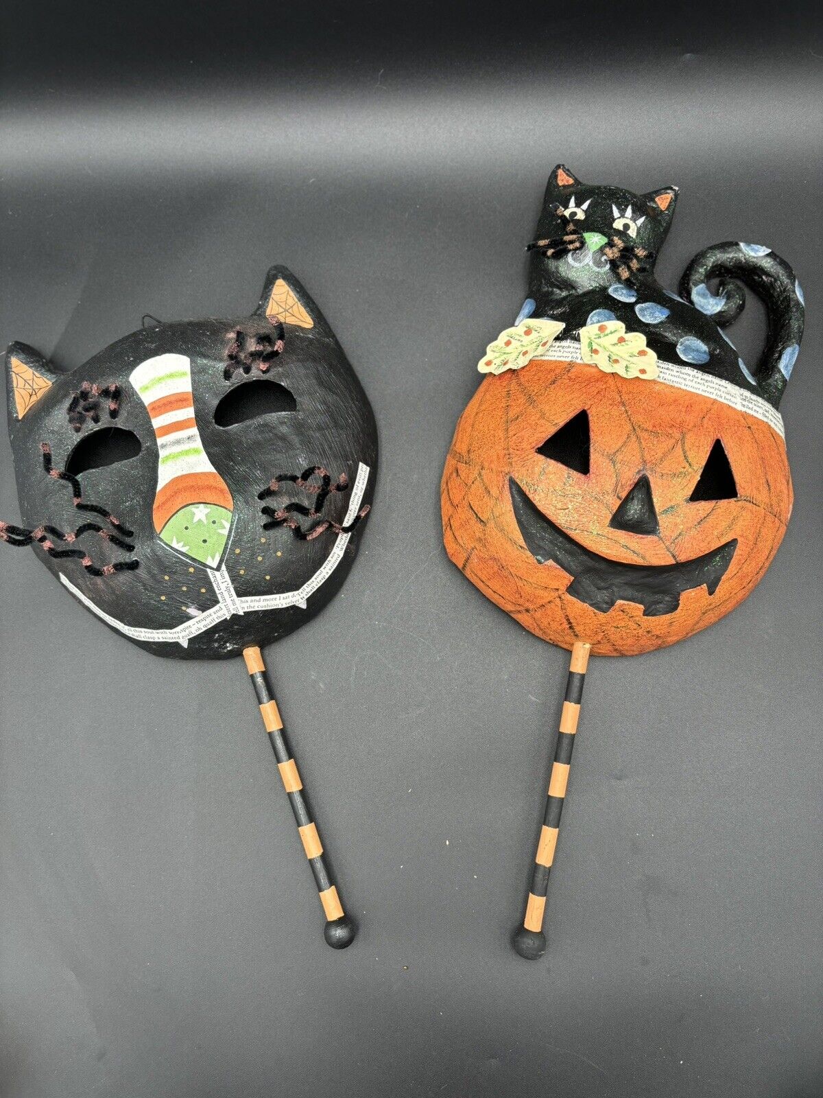 Two Vintage Folk Art Paper Mache Black Cat Halloween Face Masks/ Wall Hangings