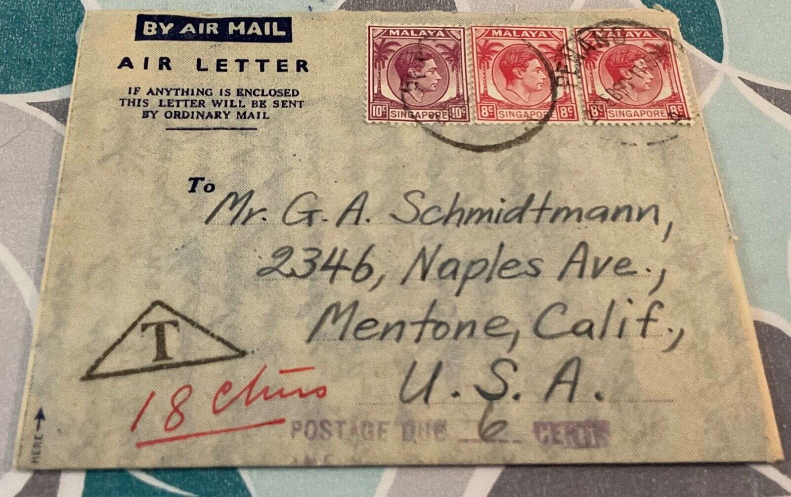 1950 air mail letter Penang, Malaya