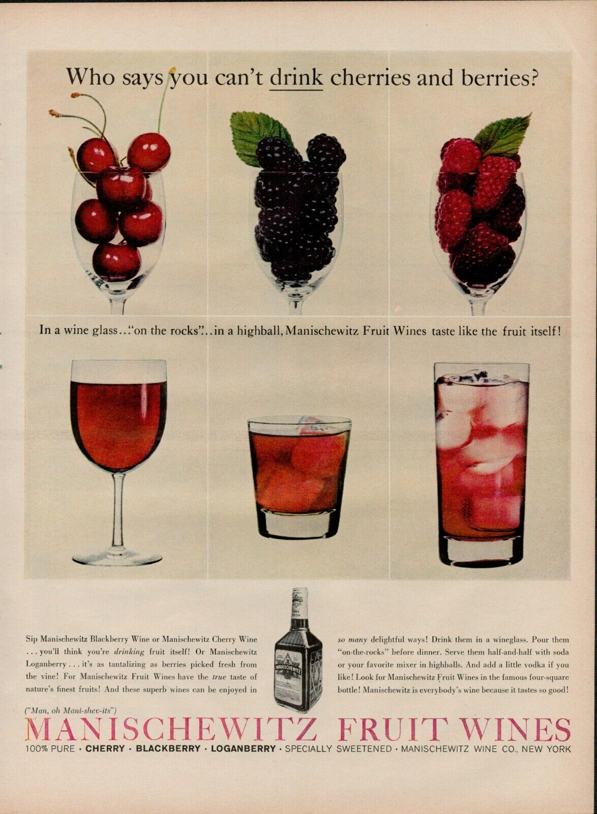 1959 Wine Alcohol Manischewitz Fruit 50s Vintage Print Ad Cherry Blackberry