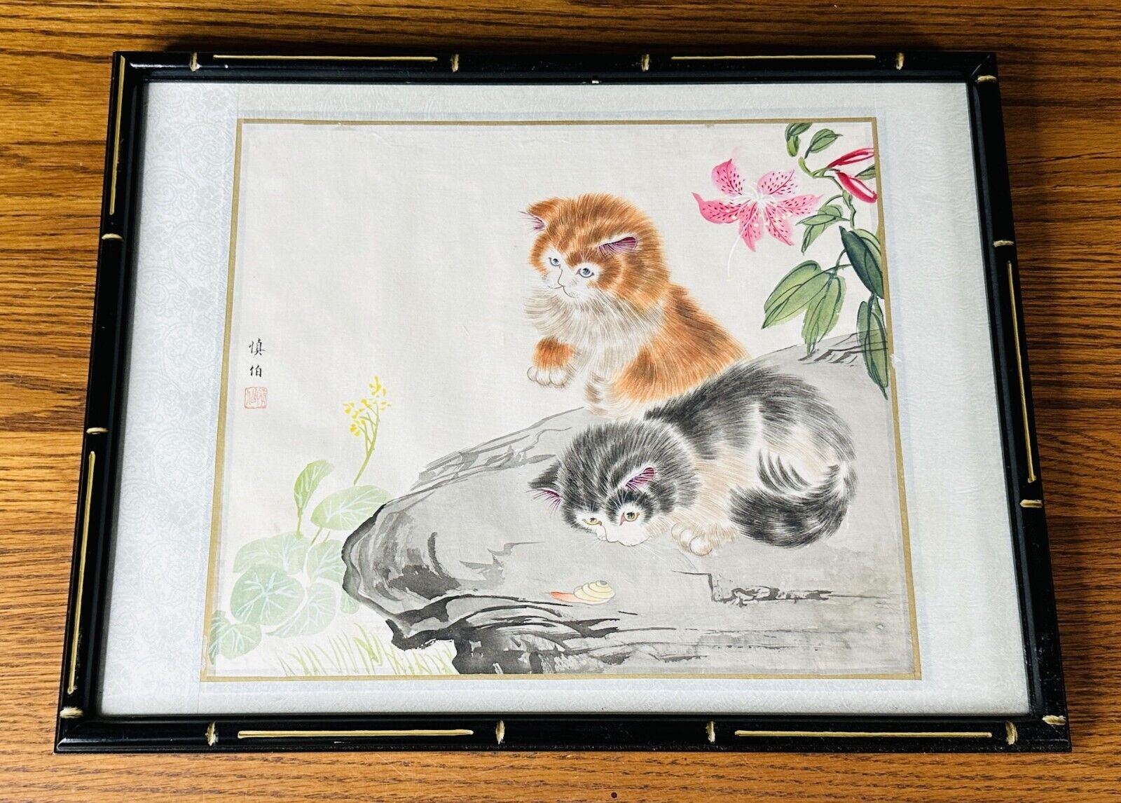 JAPANESE WATERCOLOR FRAMED ART PAINTING 2 CATS A SNAIL Kitty SIGNED Nature Asian