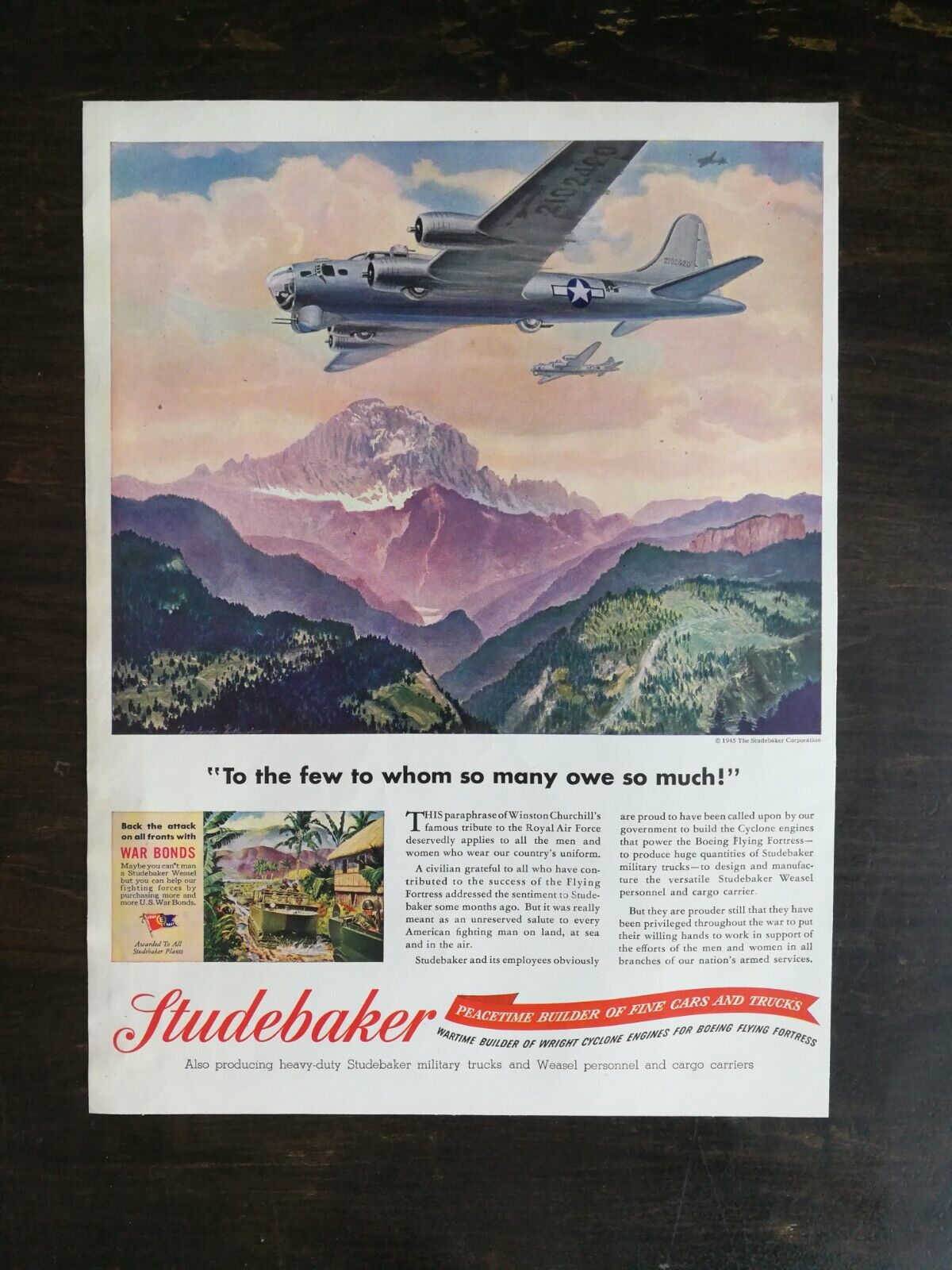 Vintage 1945 Studebaker Boeing Flying Fortress Full Page Original Ad 324