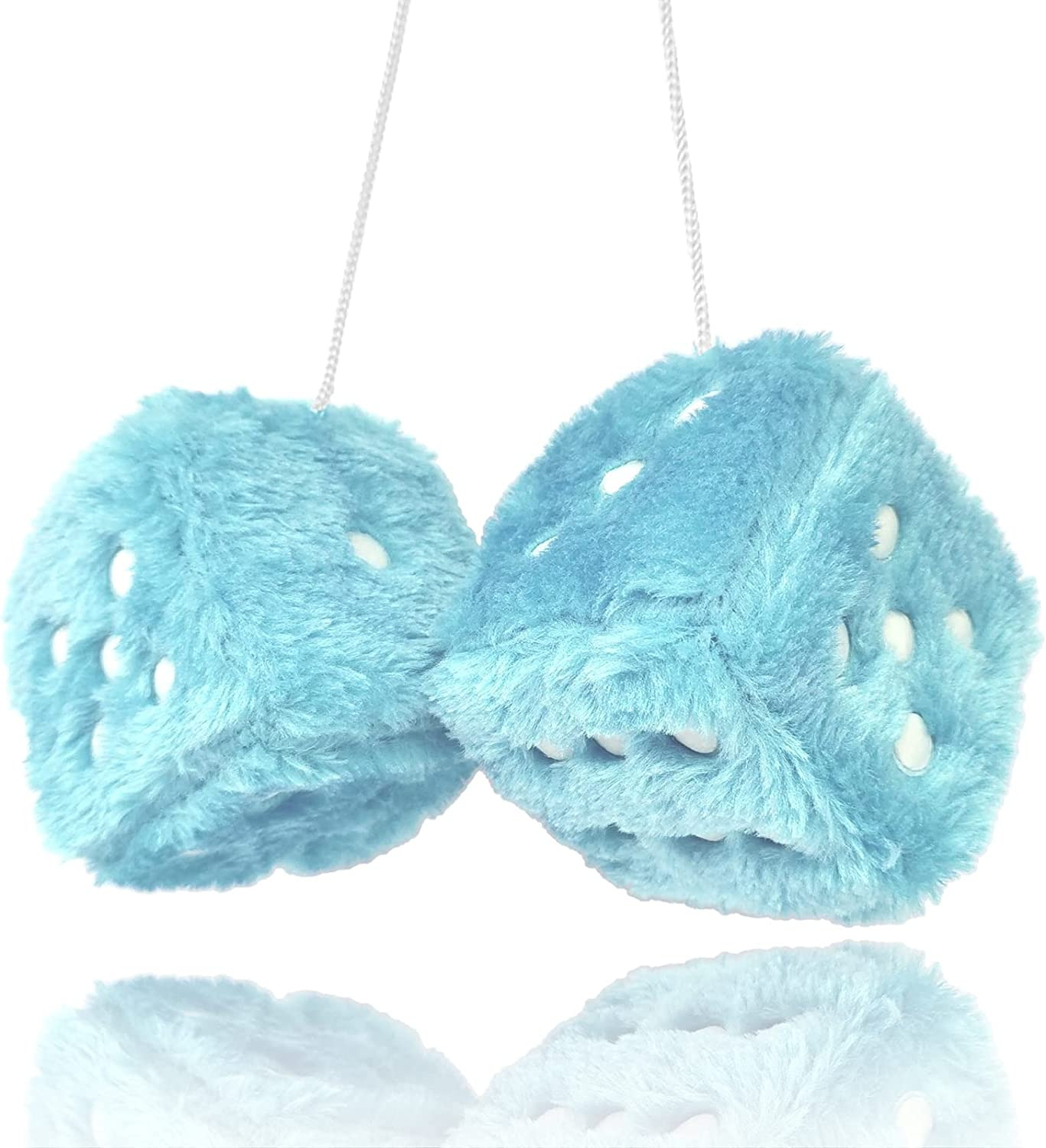 Pair 3” Light Blue with White Dots Mirror Fuzzy Plush Dice, Light White and Blac