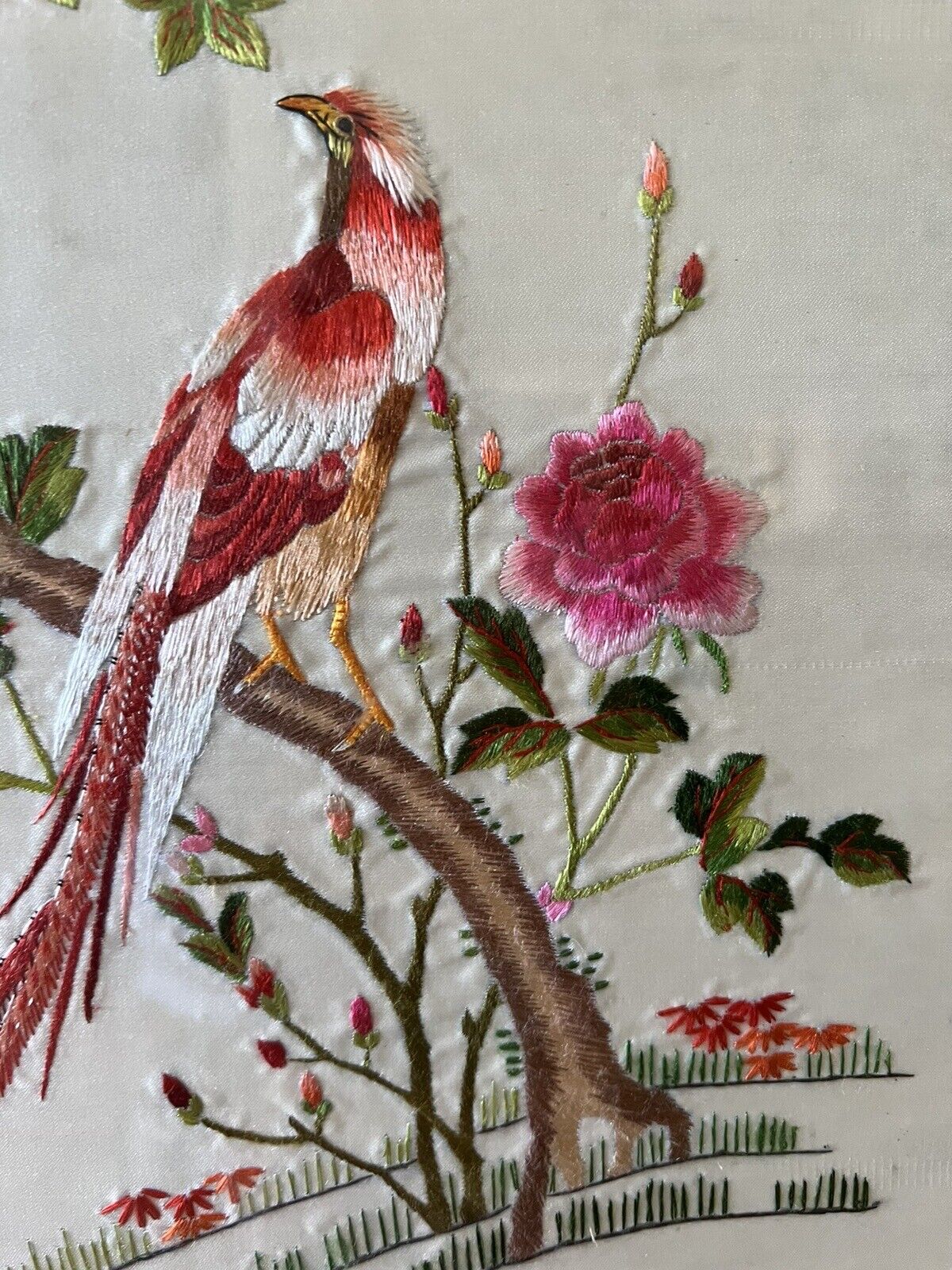 Vintage Chinese Silk* Padded Embroidery Fairy Birds Textile Panel & Inscription