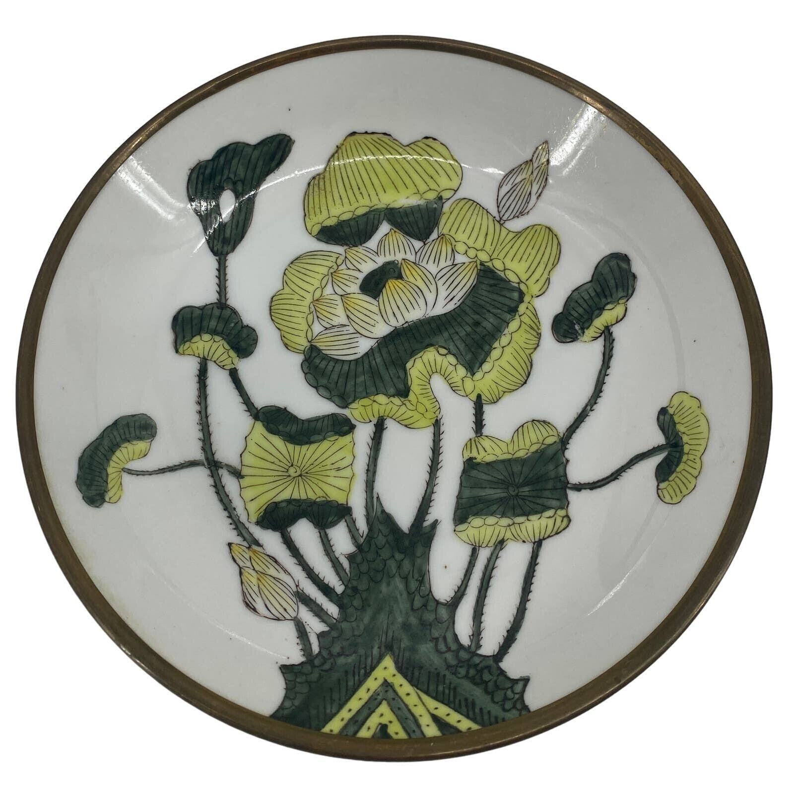 VTG ACF JAPANESE PORCELAIN & BRASS PLATE GREEN HAND PAINTED Plate Bowl Dish