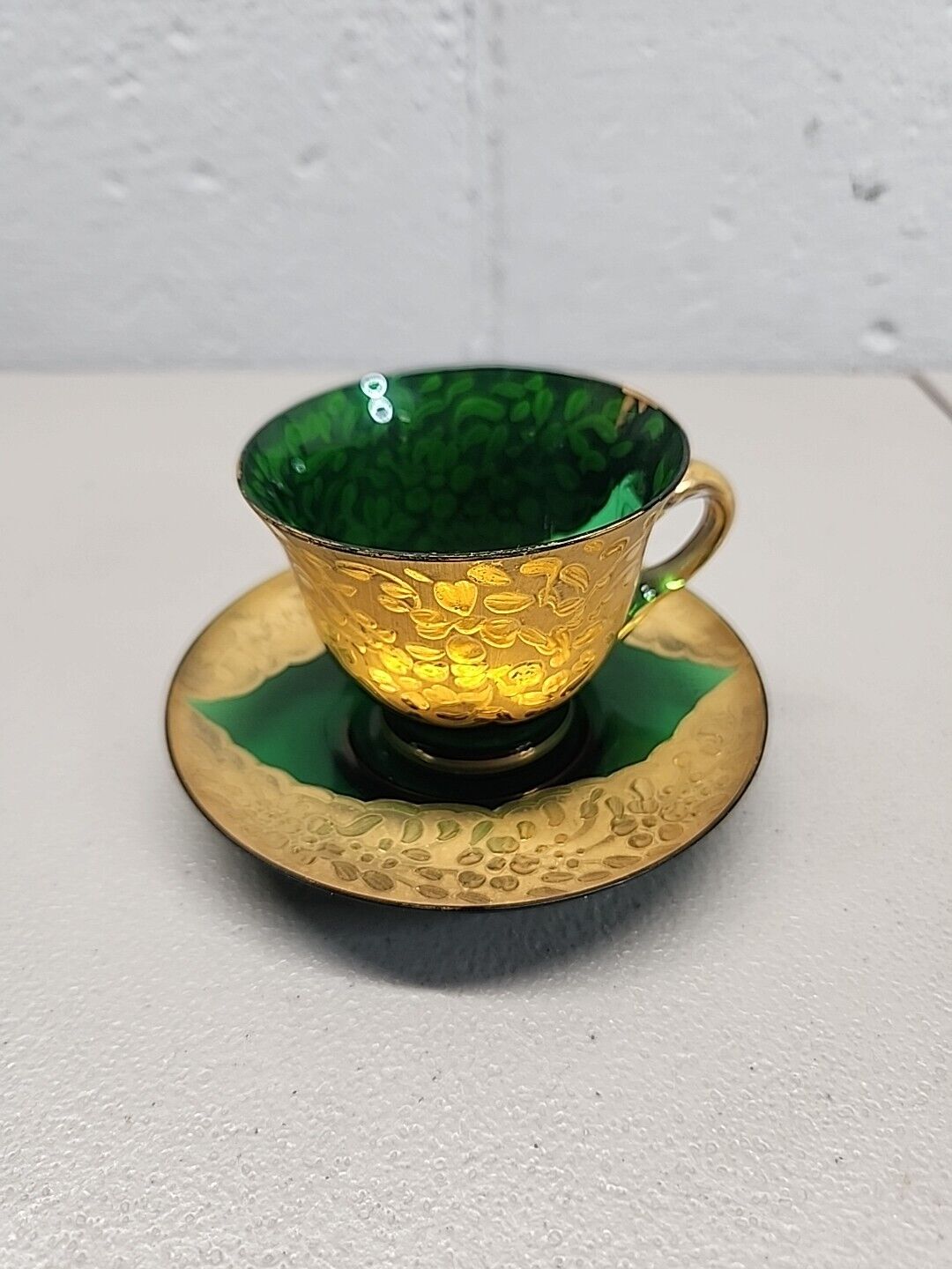 Antique Moser Green Glass Teacup & Saucer
