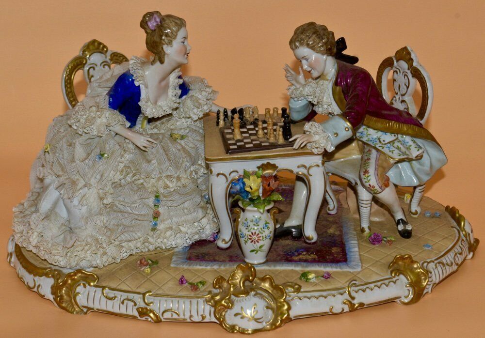 Unter Weiss Bach Germany Chess Game Massive Magnificent Antique Figural Group