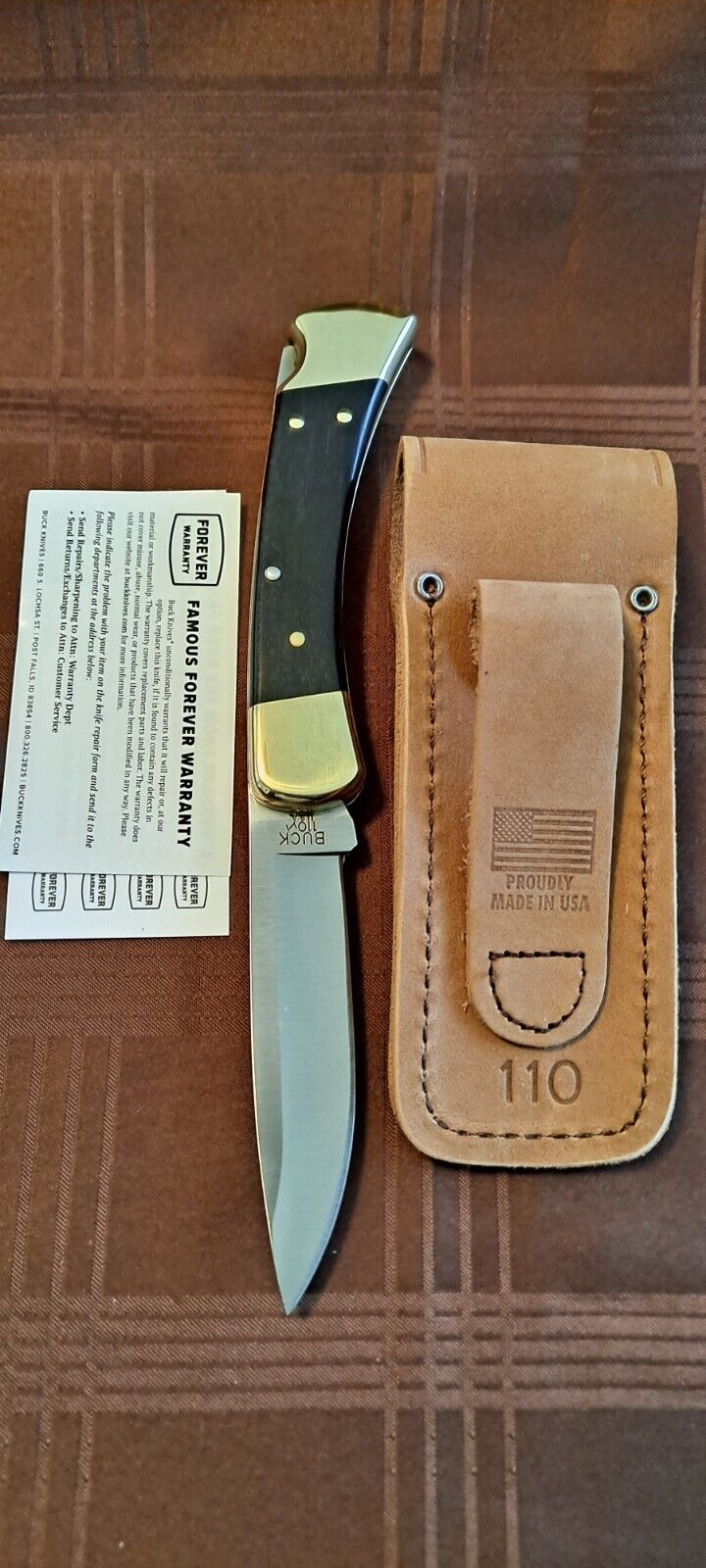 Buck 110 Hunter Knife Drop Point Blade Ebony Scales Distressed Leather Sheath