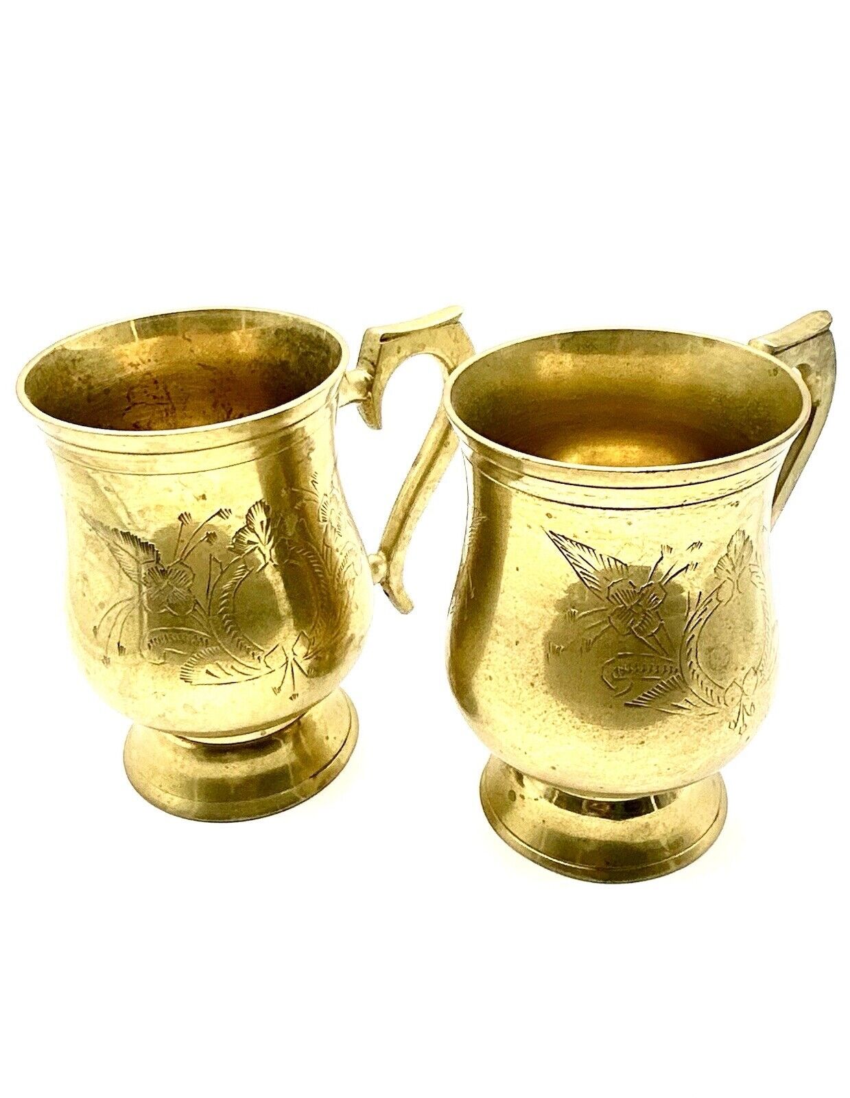 Two Vintage Etched Brass Steins