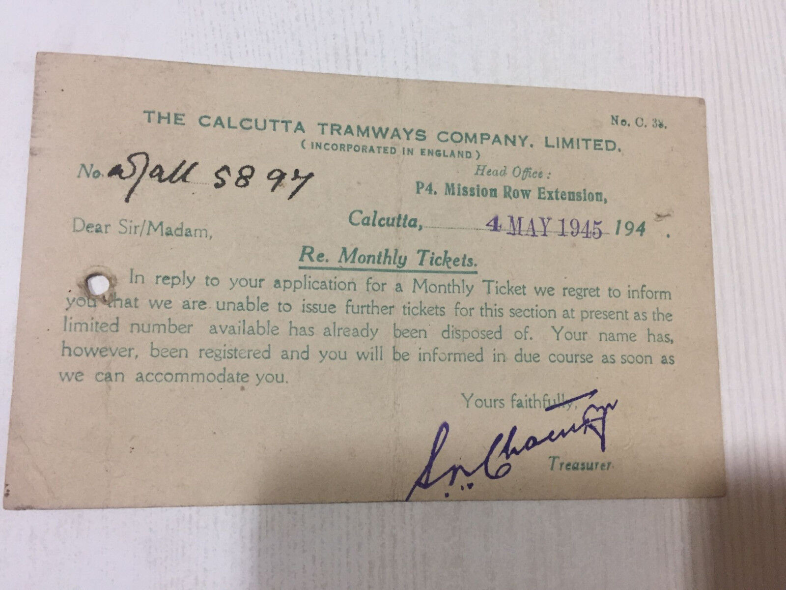 OLD PAPER POST CARD MONTHLY TICKET CALCUTTA TRAMWAYS 1945 RARE INDIA COLLECTIBLE