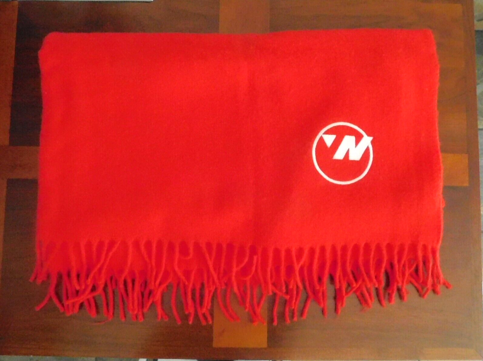 VTG. 1980\'s NORTHWEST AIRLINES RED WOOL THROW / EMBROIDERED LOGO from 1st CLASS