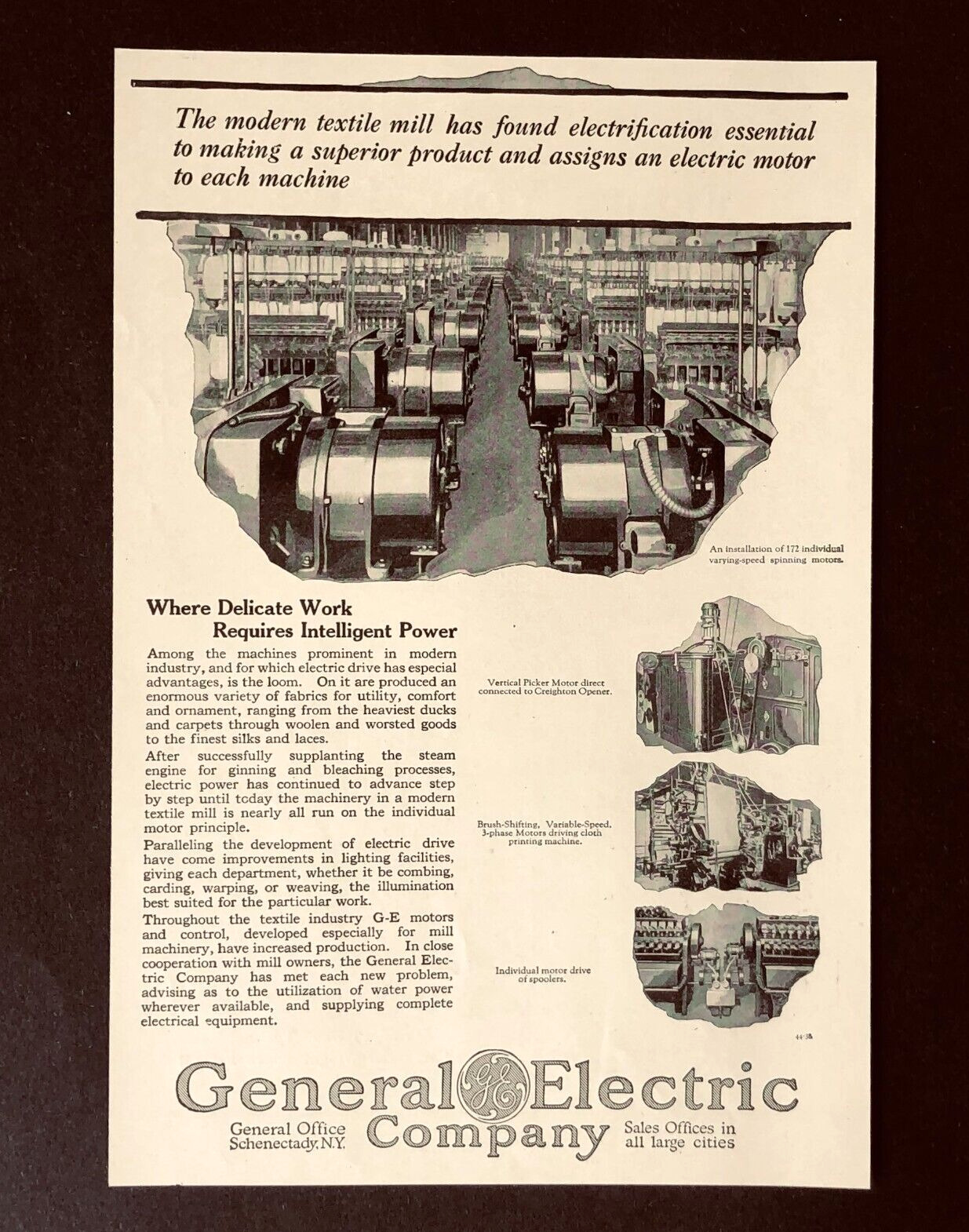 1921 General Electric Advertisement Power Textile Mill Motors Antique Print AD