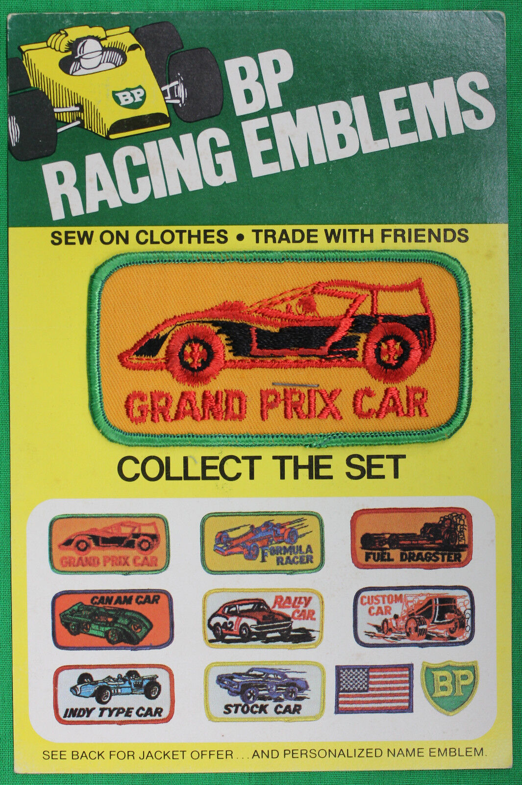 Original Late 1960s Early 1970s BP Racing Emblems Grand Prix Car On Card