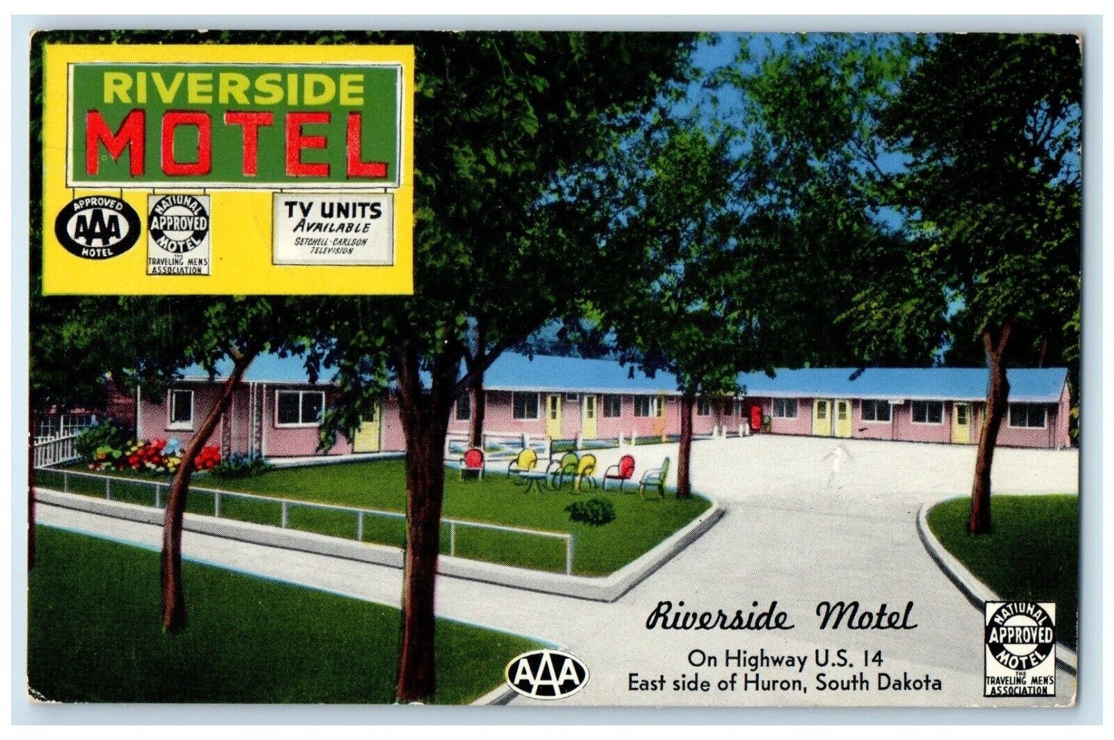 1957 Riverside Motel Huron Wolsey South Dakota SD Posted Vintage Postcard