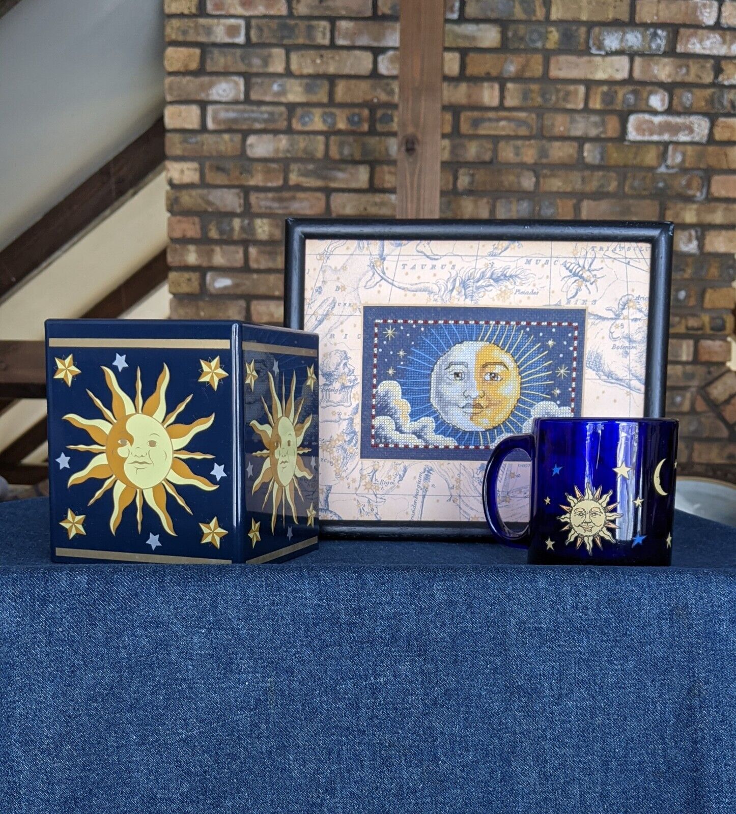 VTG Libbey Celestial Sun Moon Stars FRIENDS Coffee Mug Cobalt Blue USA 90s 