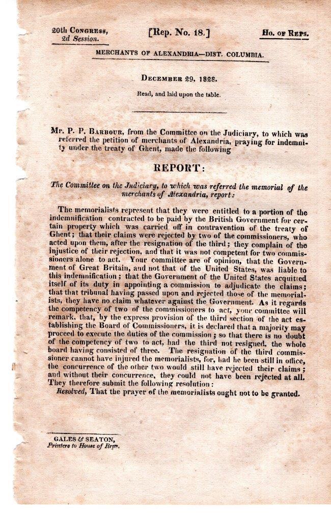 Cmte on Judiciary 12/29/1829-Merchants of Alexandria-District of Columbia