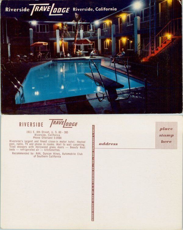 Riverside TraveLodge California ~ swimming pool ~ unused vintage chrome postcard