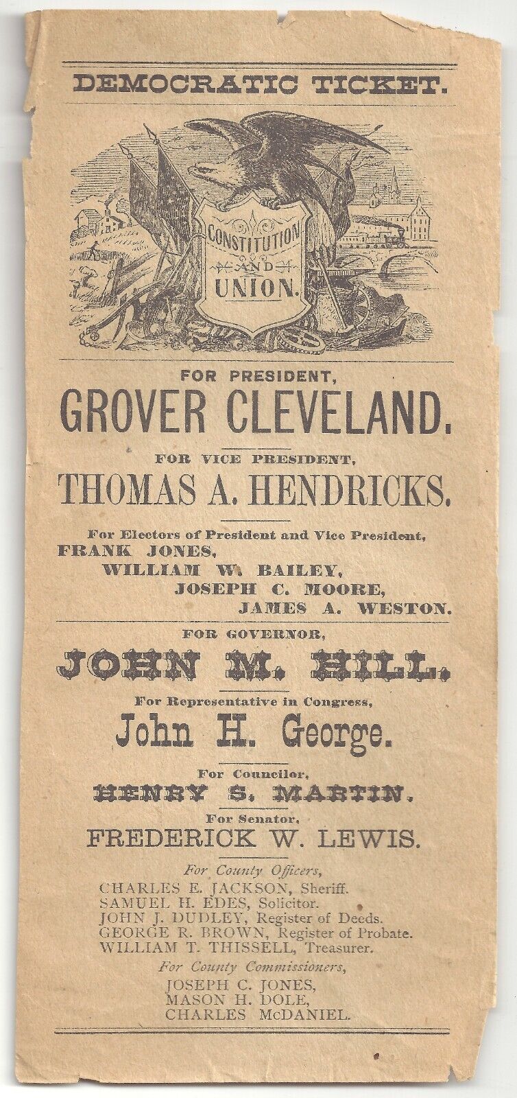 1884 NH Ballot CLEVELAND & HENDRICKS Democratic Ticket CONSTITUTION & UNION