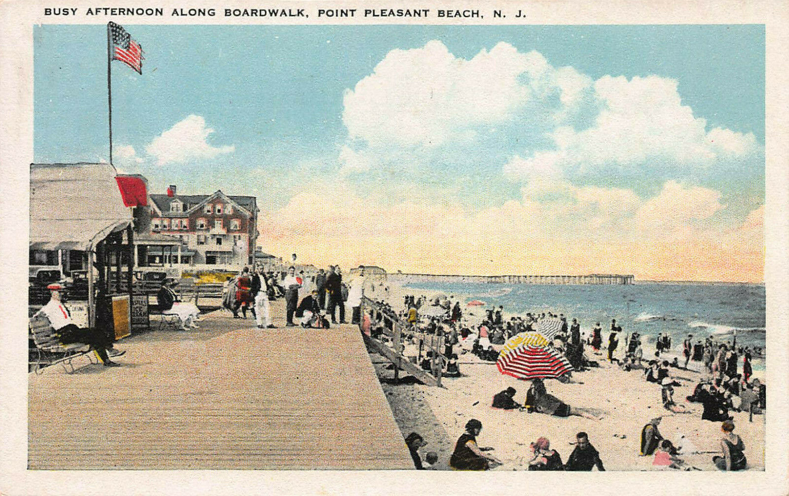Busy Afternoon Along Boardwalk, Point Pleasant Beach, NJ, Early Postcard, Unused