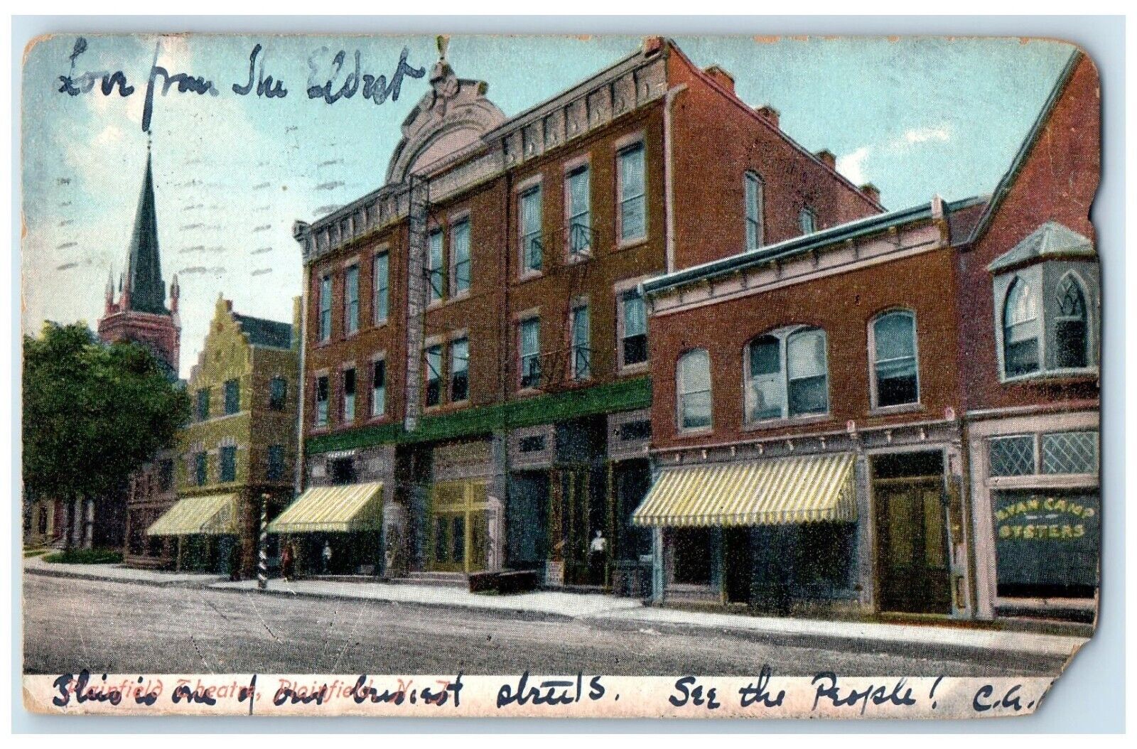 1909 Exterior View Plainfield Theatre Plainfield New Jersey NJ Antique Postcard