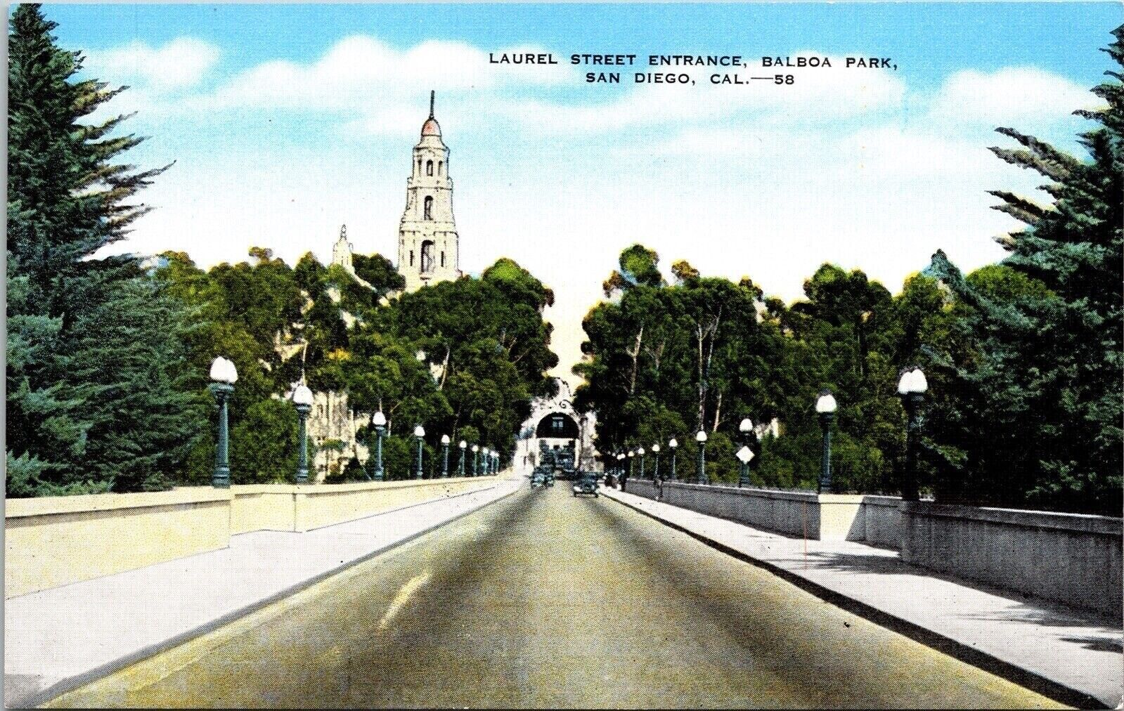 Laurel Street Entrance Balboa Park San Diego CA Bridge Cars Postcard Unused UNP