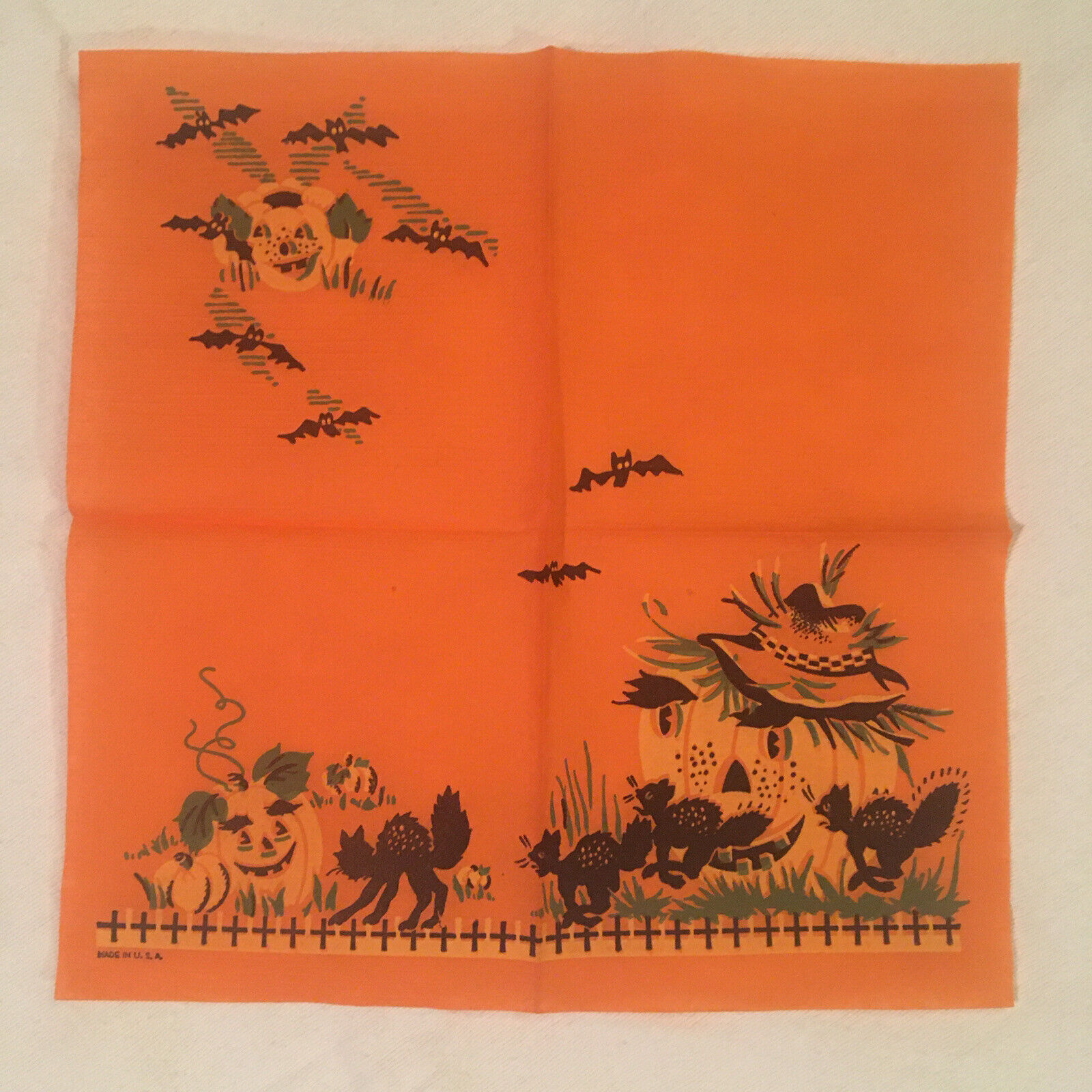 2 (Two) Rare Vintage Halloween Napkins Black Cats Bats Jack O’ Lantern Orange