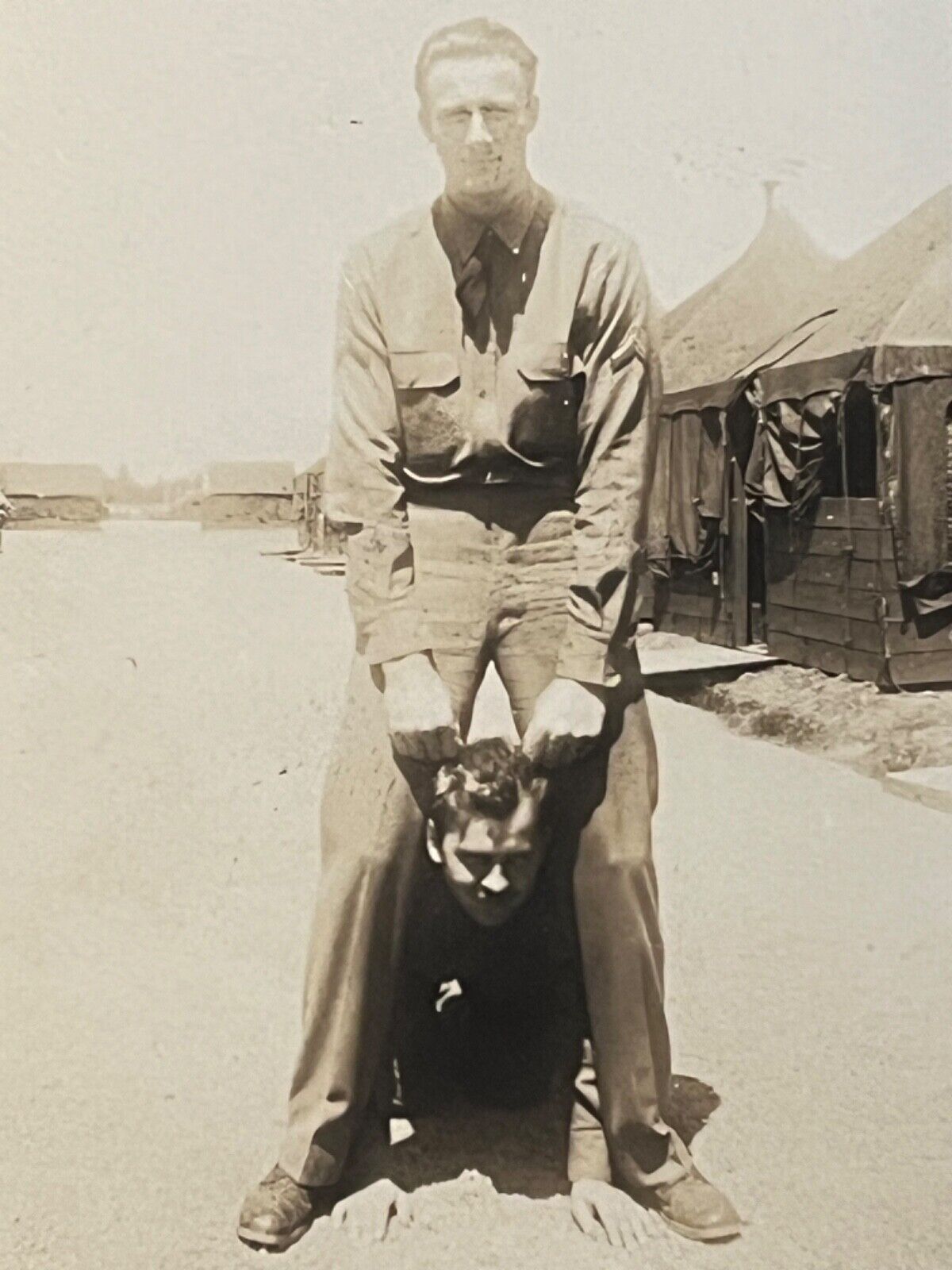US Military Soldier Men Goofing Around WWII Snapshot Photograph
