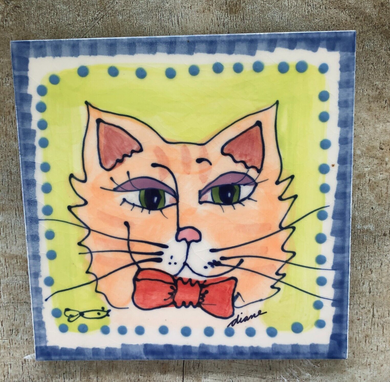 Diane Artware Hand Painted Kitty Cat Tile Trivet 6\
