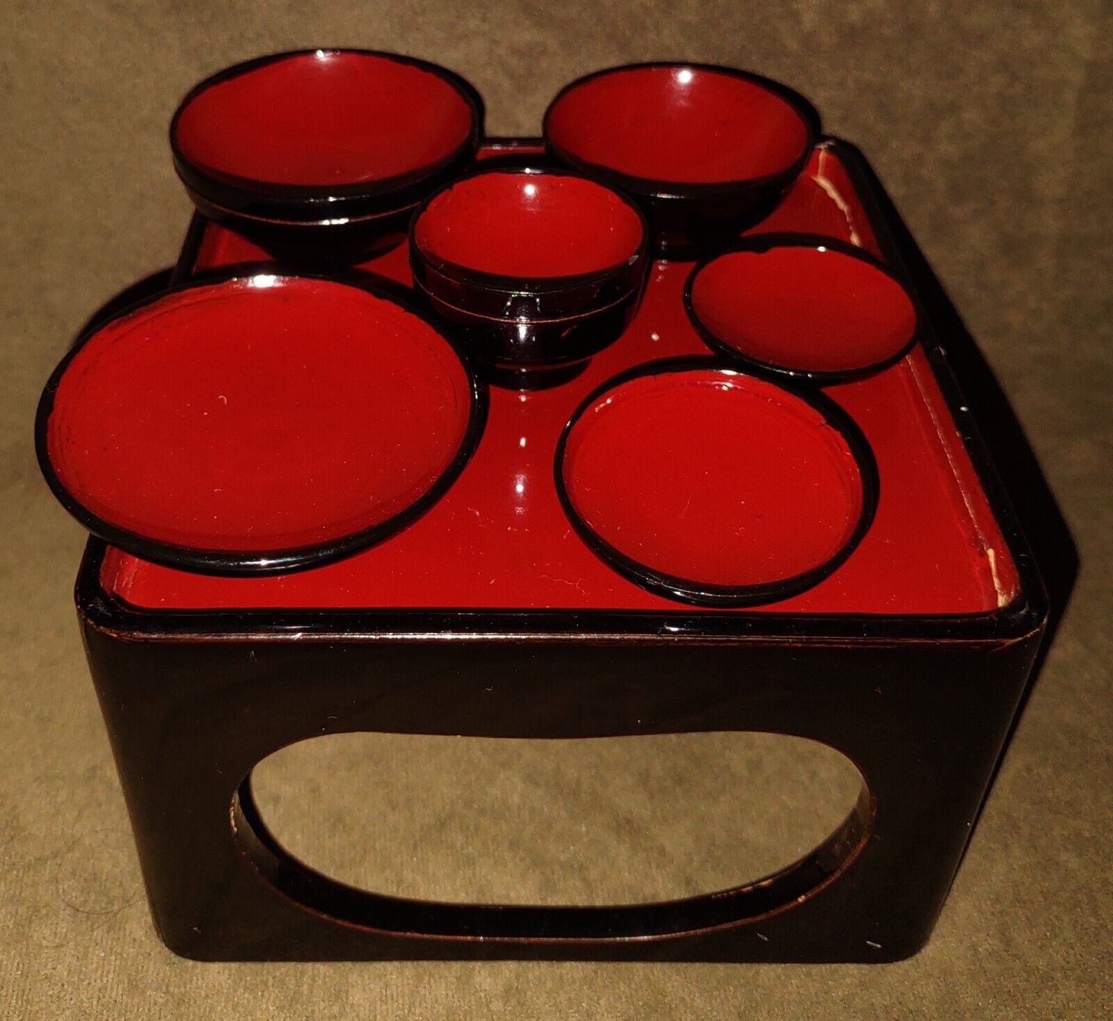 Rare Vintage Japanese Childrens Lacquer Wooden 7 Piece Dish Set ca. 1940\'s *Read