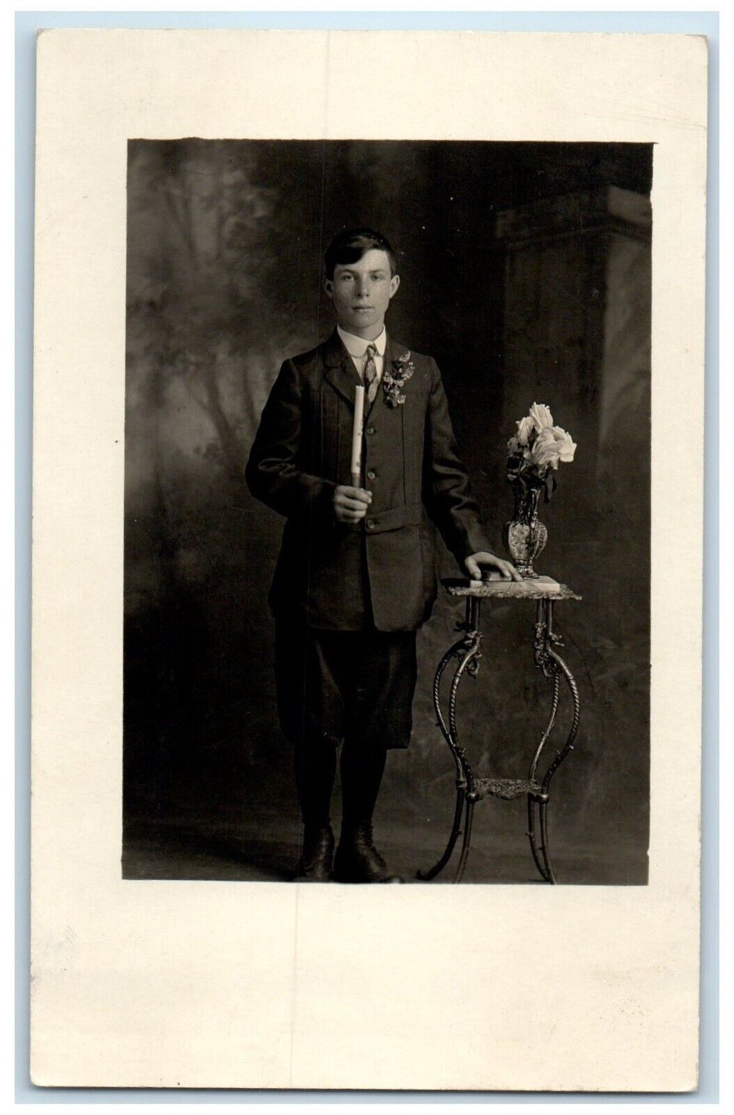 Boy With Candle Studio Christian Confirmation Religious RPPC Photo Postcard