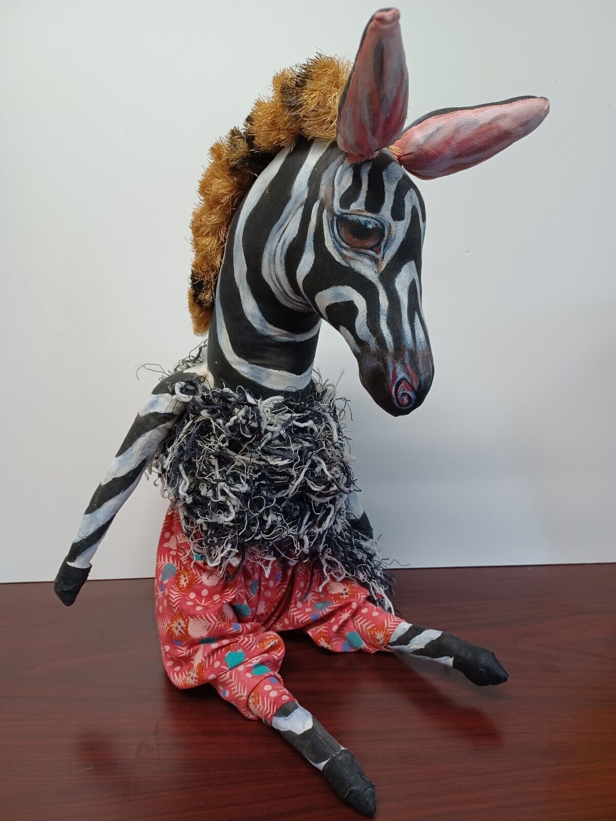 OOAK Zebra sculpture Hand Painted folk art stuffed canvas Signed 1992 J. Batsdin