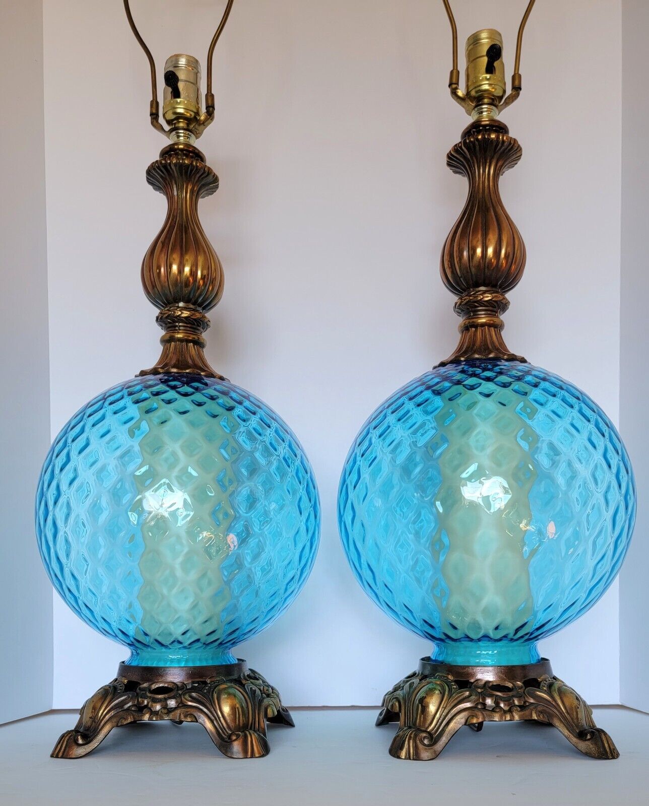 Pair Vtg Mid Century Hollywood Regency Optical Handblown Blue Glass Table Lamps