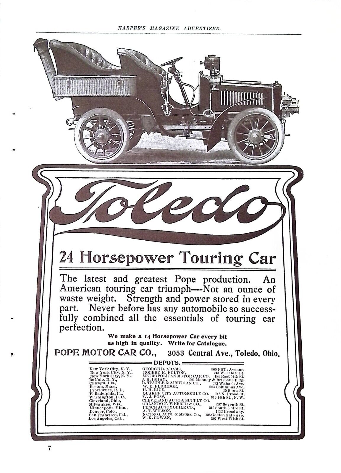 Vintage Magazine Ad Ephemera - Harper\'s 1903 - Toledo 24 Horsepower Touring Car