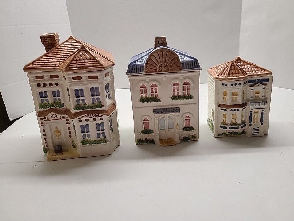 Vintage Avon Victorian House Cookie Jar Set of 3 Townhouse Canister Collection