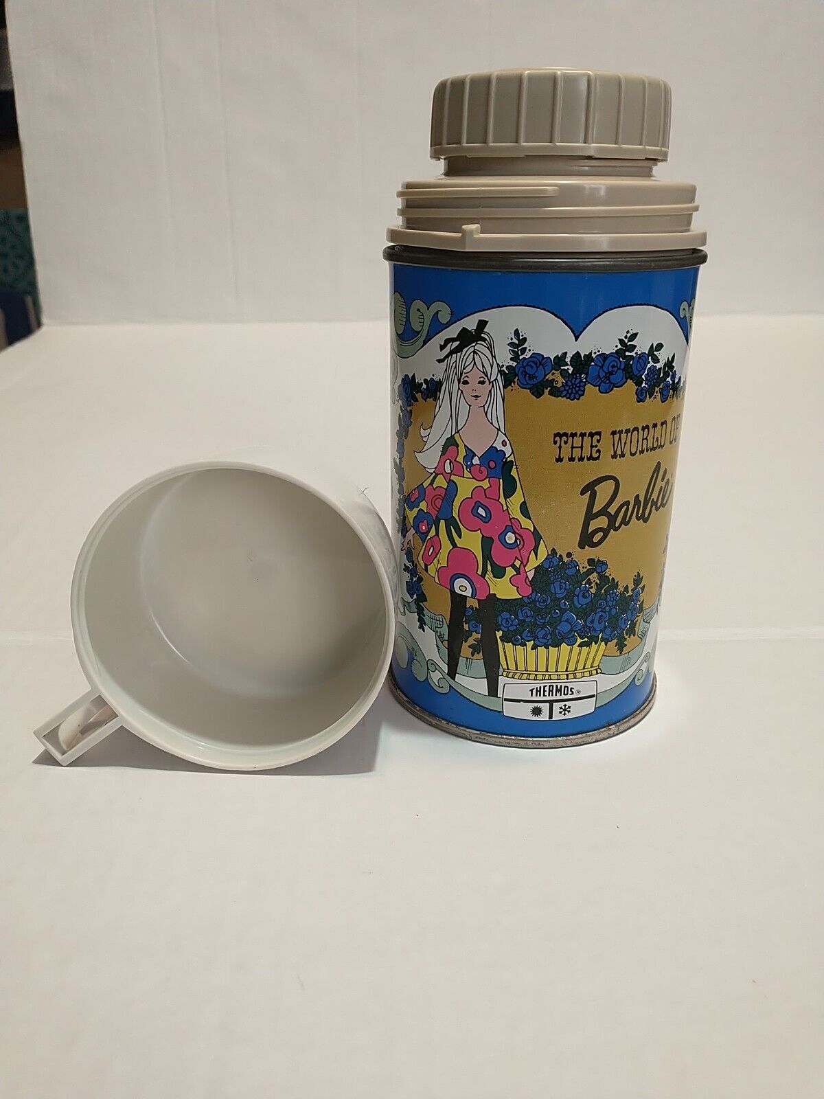 Vintage 1971 The World Of Barbie Thermos With Stopper and Lid Metal Half Pint