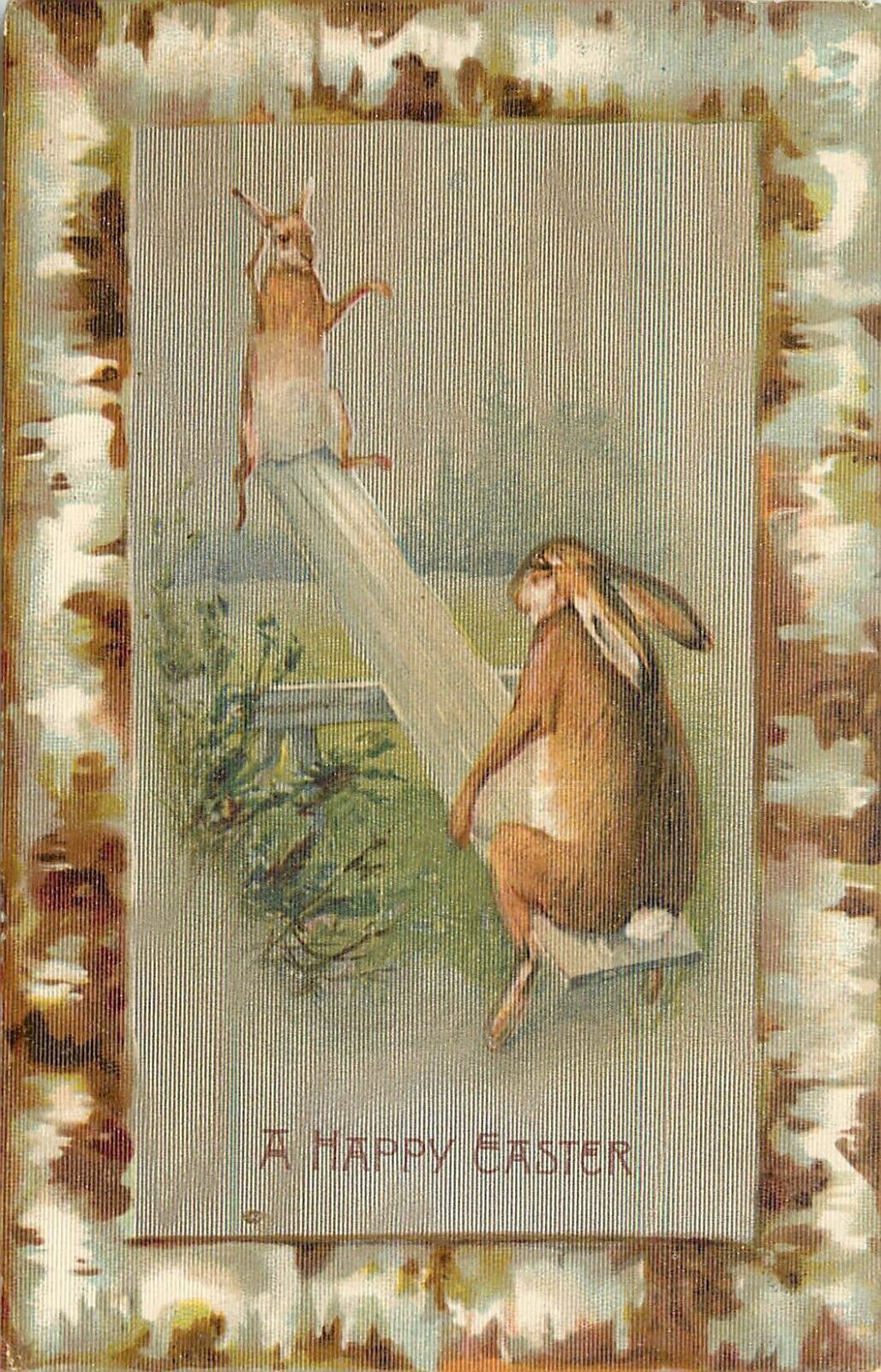Winsch Textured Postcard Rabbits On a Seesaw Teeter Totter Easter Greetings