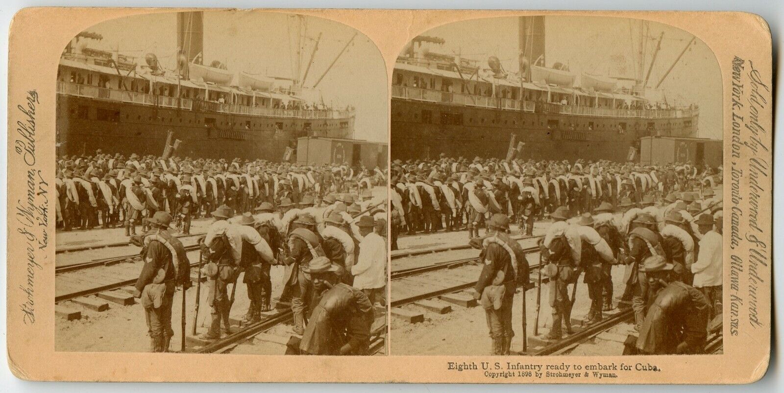 8th U.S. Infantry Tampa FL Port , Ship , railroad Photo Stereoview 1898 Military