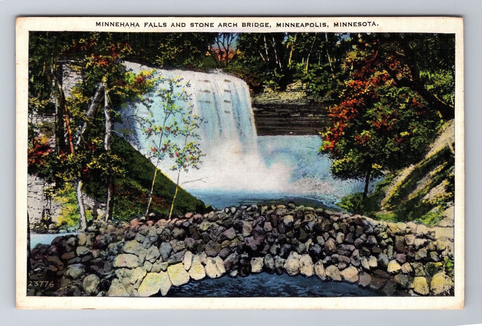 Minneapolis MN-Minnesota, Minnehaha Falls, Stone Bridge, Vintage c1943 Postcard