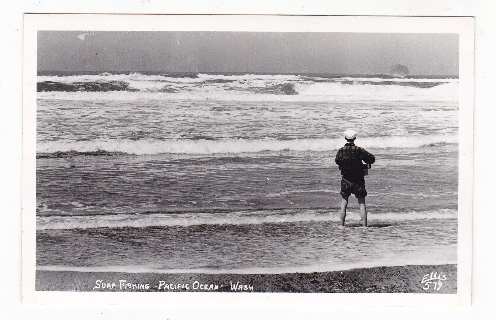 c1940 ELLIS RPPC MAN SURF FISHING PACIFIC OCEAN BEACH WASHINGTON POSTCARD WA OLD