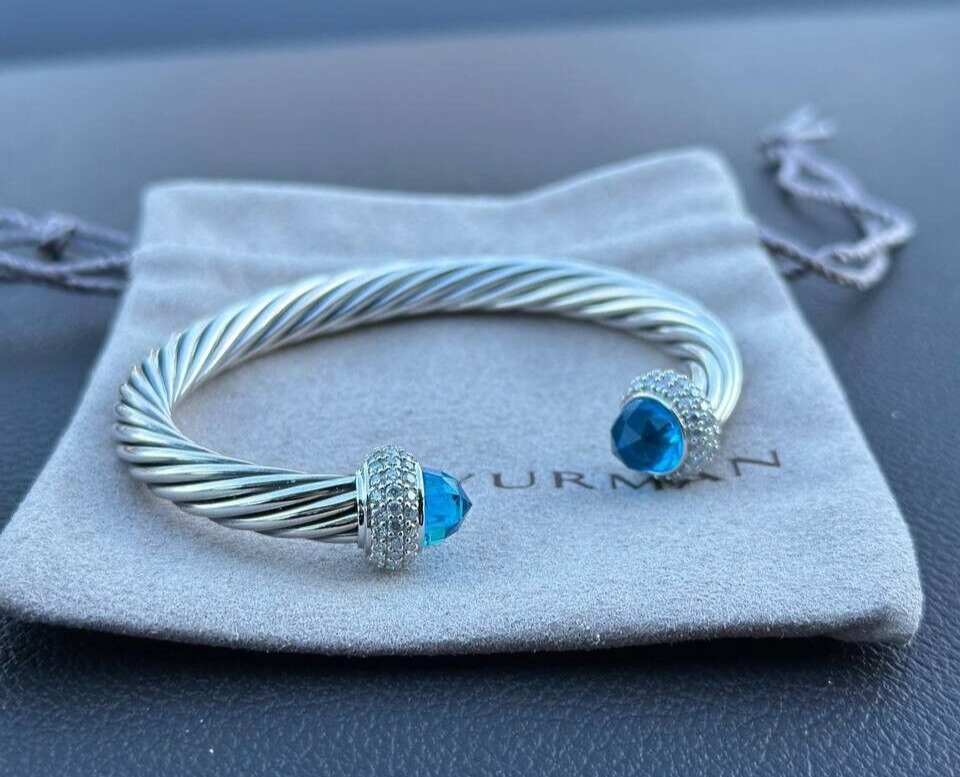 David Yurman 7mm Cable CANDY Bracelet & 925 Silver BLUE TOPAZ & DIAMOND M