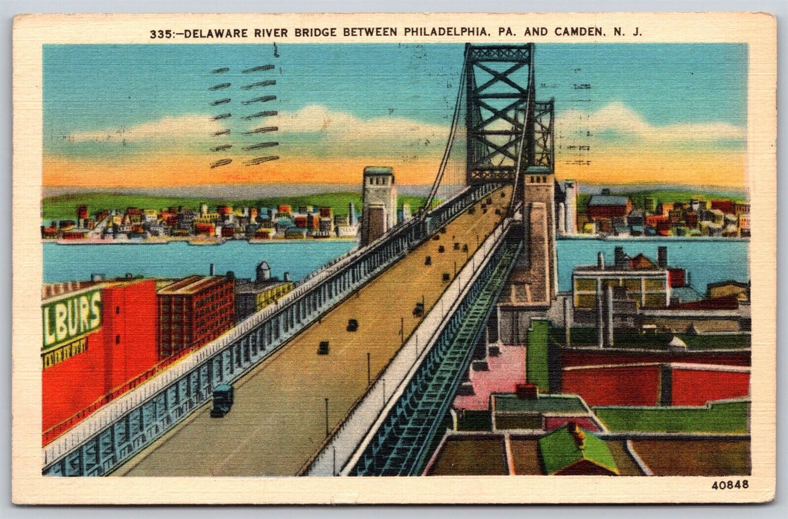 Postcard Delaware River Bridge, Philadelphia PA and Camden NJ linen 1946 P135