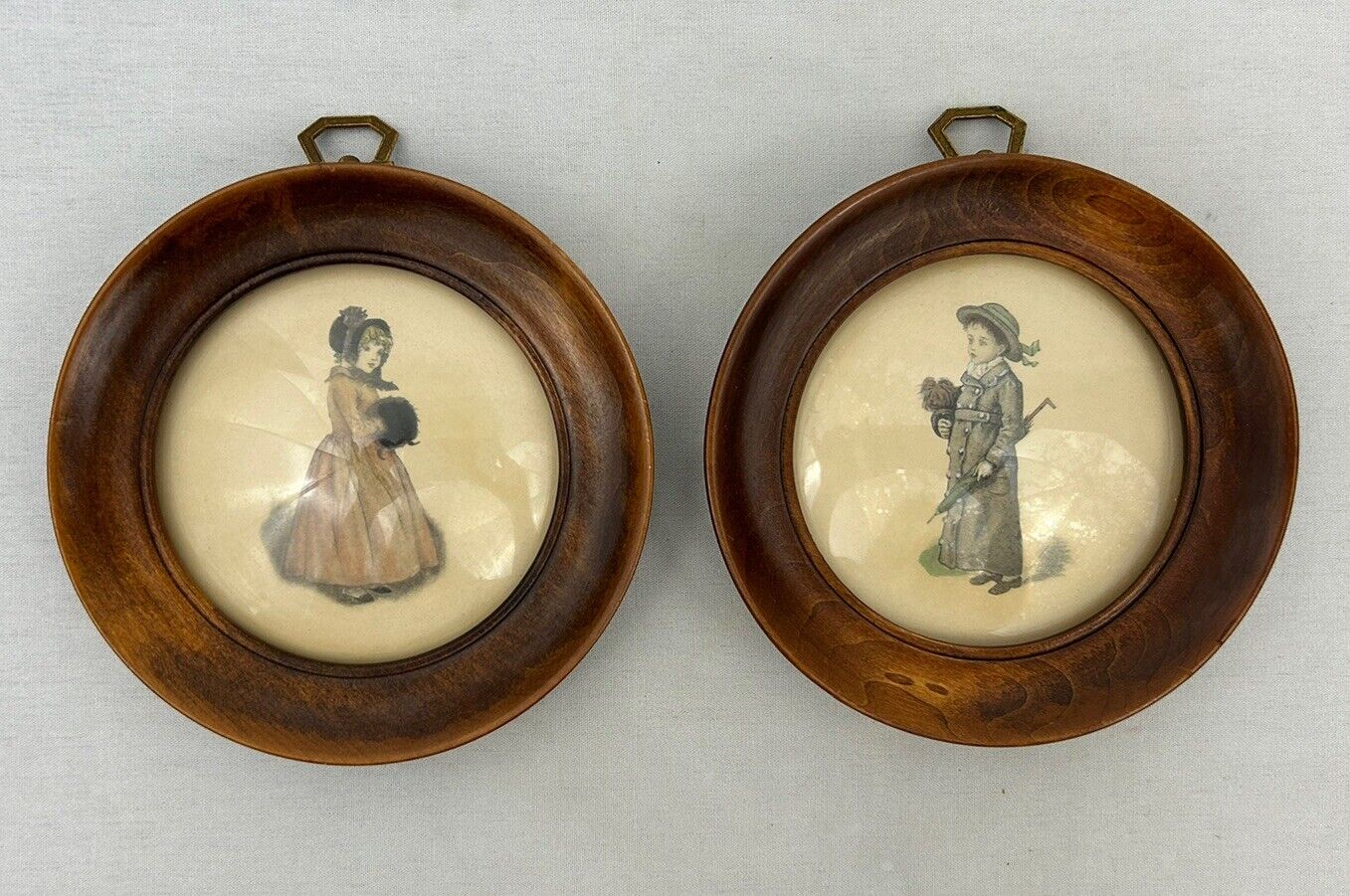 Bubble Glass Round Antique Picture Frame Wood Victorian Child Girl & Boy Set 2